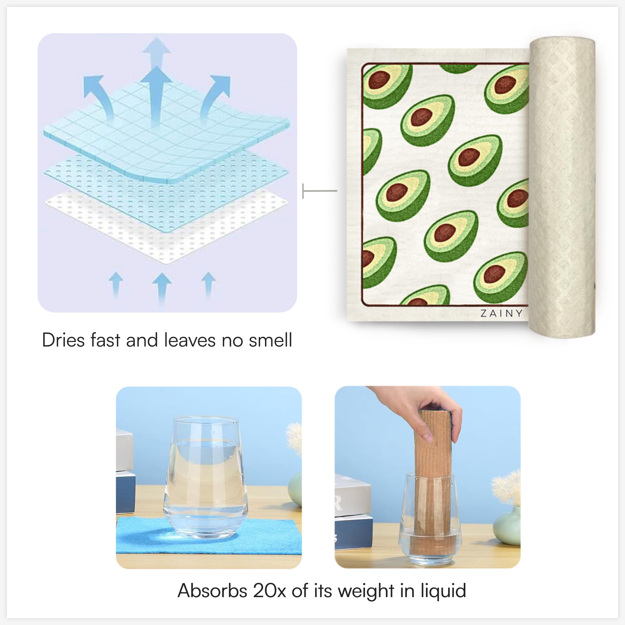 ZAINY Paquete de 10 paños suecos para cocina, reutilizables, ecológicos, de secado rápido y sin olor, toallas de papel lavables súper absorbentes para platos y superficies