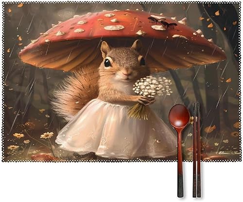 Lady Squirrel with Umbrella Placemats Set of 6 Resistant Table Mats Washable Place Mats for Dinner Party Table Decoration