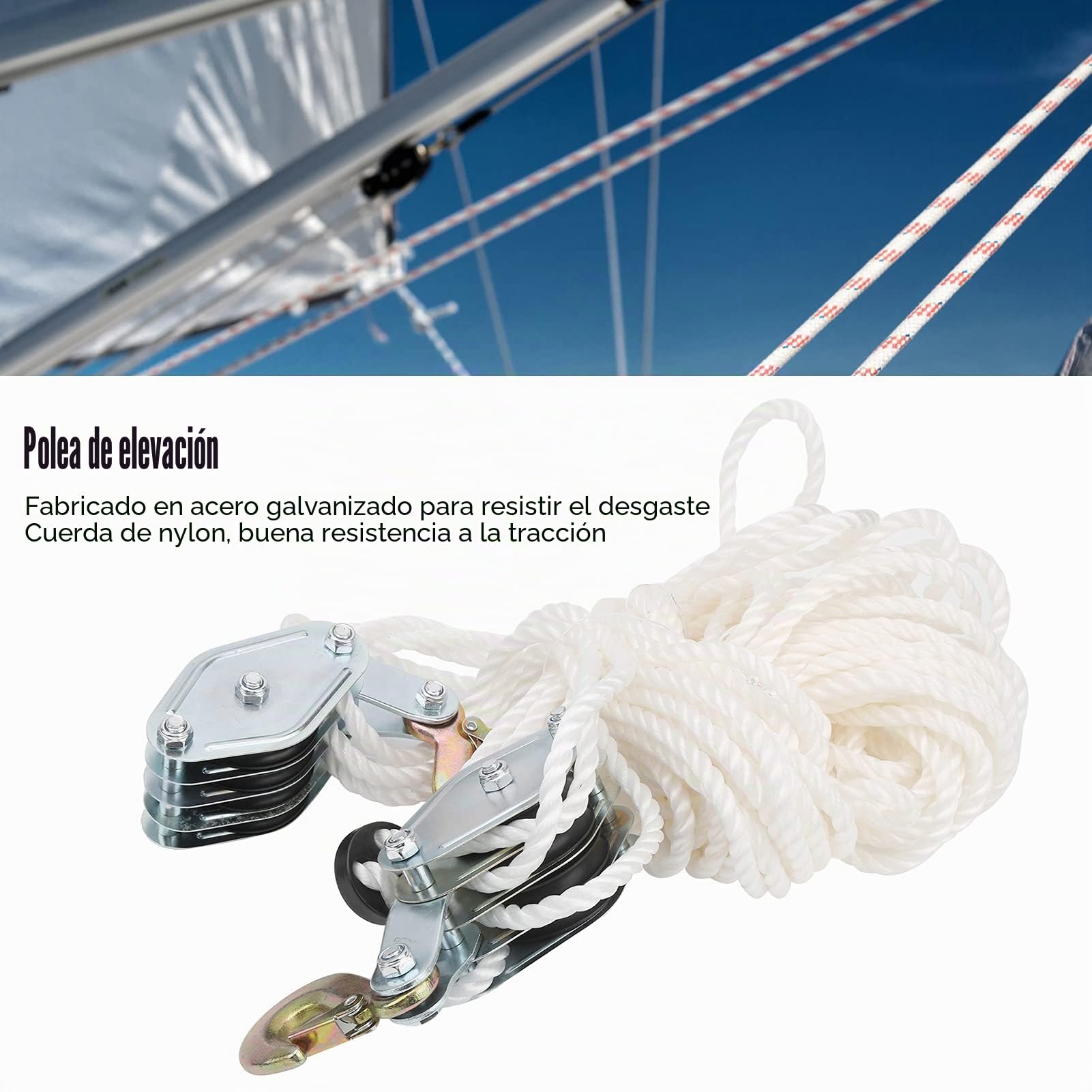Polipasto de 4 vías con Cuerda de Nailon, Altura 2,5 m, Capacidad 2000 kg, polea de elevación y Gancho de Acero galvanizado