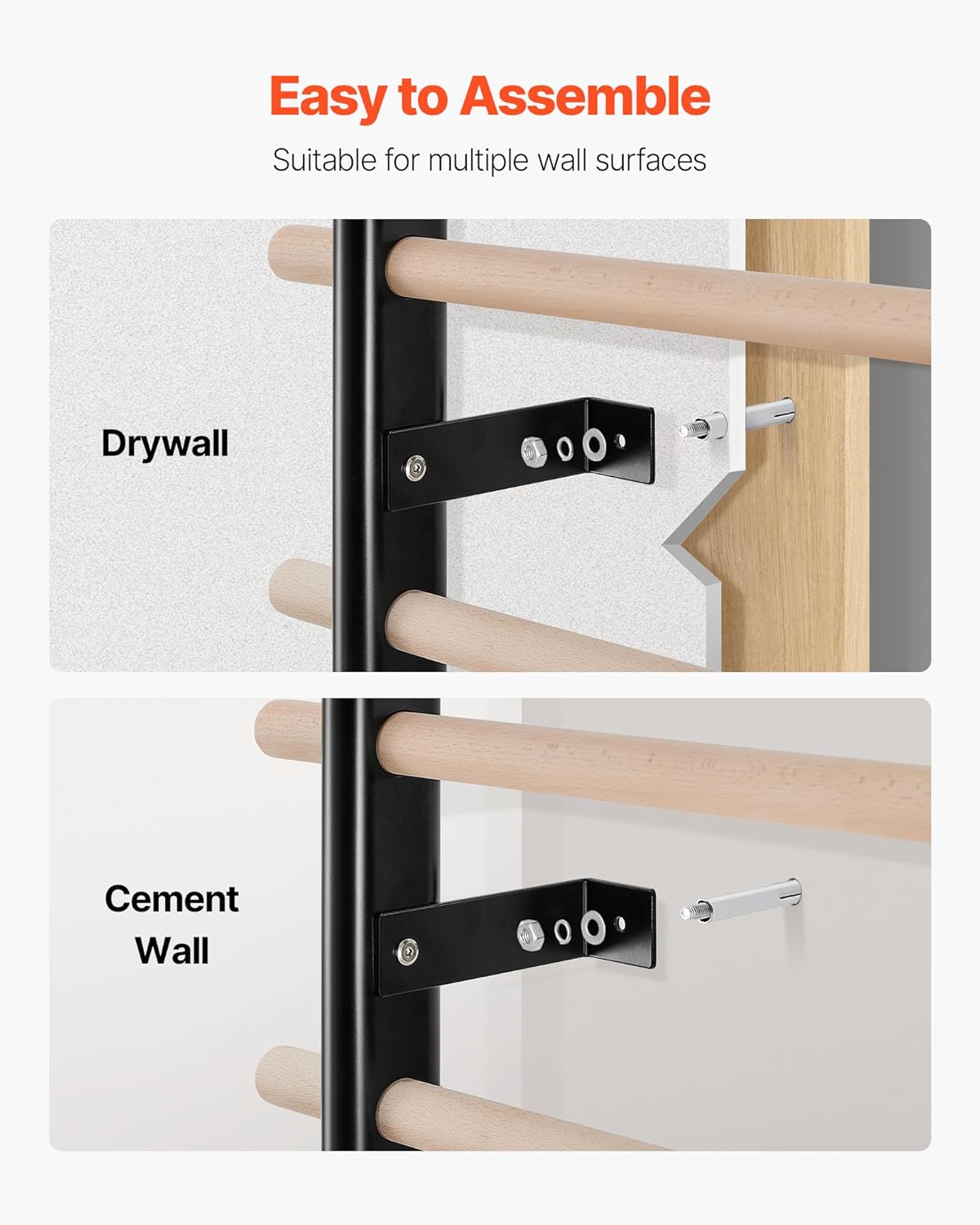 VEVOR Swedish Ladder Wall Gym, 9-Level Swedish Ladder Suspension Trainer, 330LBS Loading Solid Wood + Carbon Steel Gymnastics Stall Bars for Adult, Compatible with 3.15" x 3.15" Power Rack Accessories