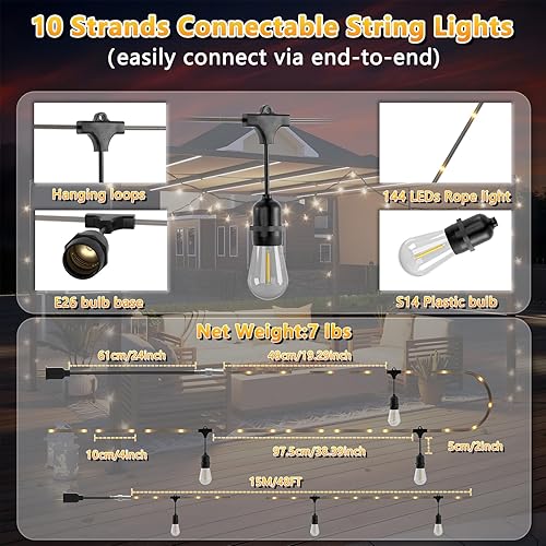 Miniatura 4 de Outdoor String Lights with Lighted Tubing, 24 ft Outside String Lights with 13 (12+1spare) S14 Retro Bulbs & 72-LED Lighted Fairy Tubing, IP65