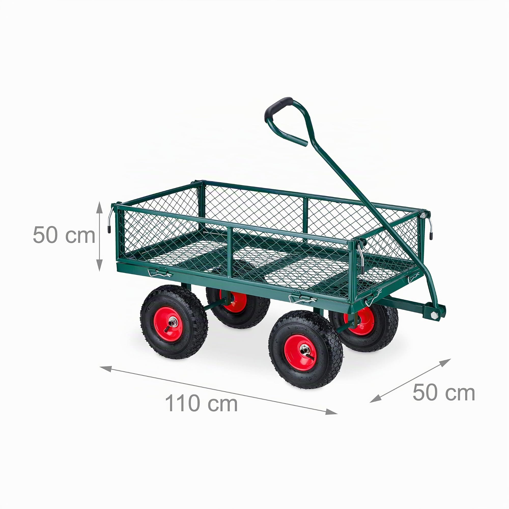 Relaxdays Handwagen, praktischer Bollerwagen für den Garten, Luftbereifung, klappbare Seitenteile, bis 200 kg, grün-rot