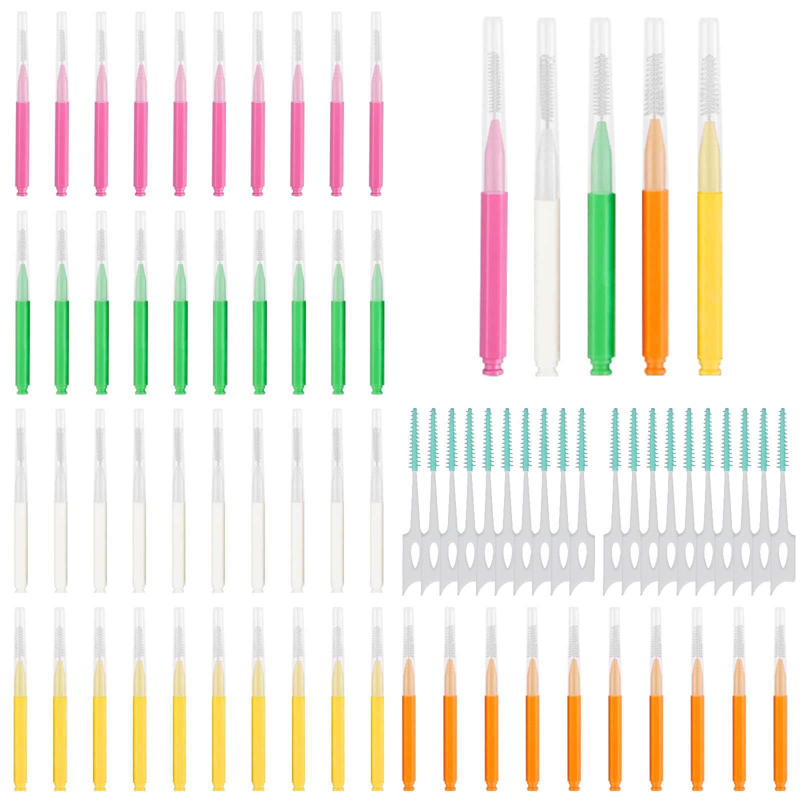 Soft Braces Brush Set, 70PCS Interdental Brush, 50PCS Tooth Picks Flossing Head for Oral Tooth Cleaning, with 20PCS Disposable Toothpicks Braces Flossers with box (Charming Colors,Multiple Sizes)