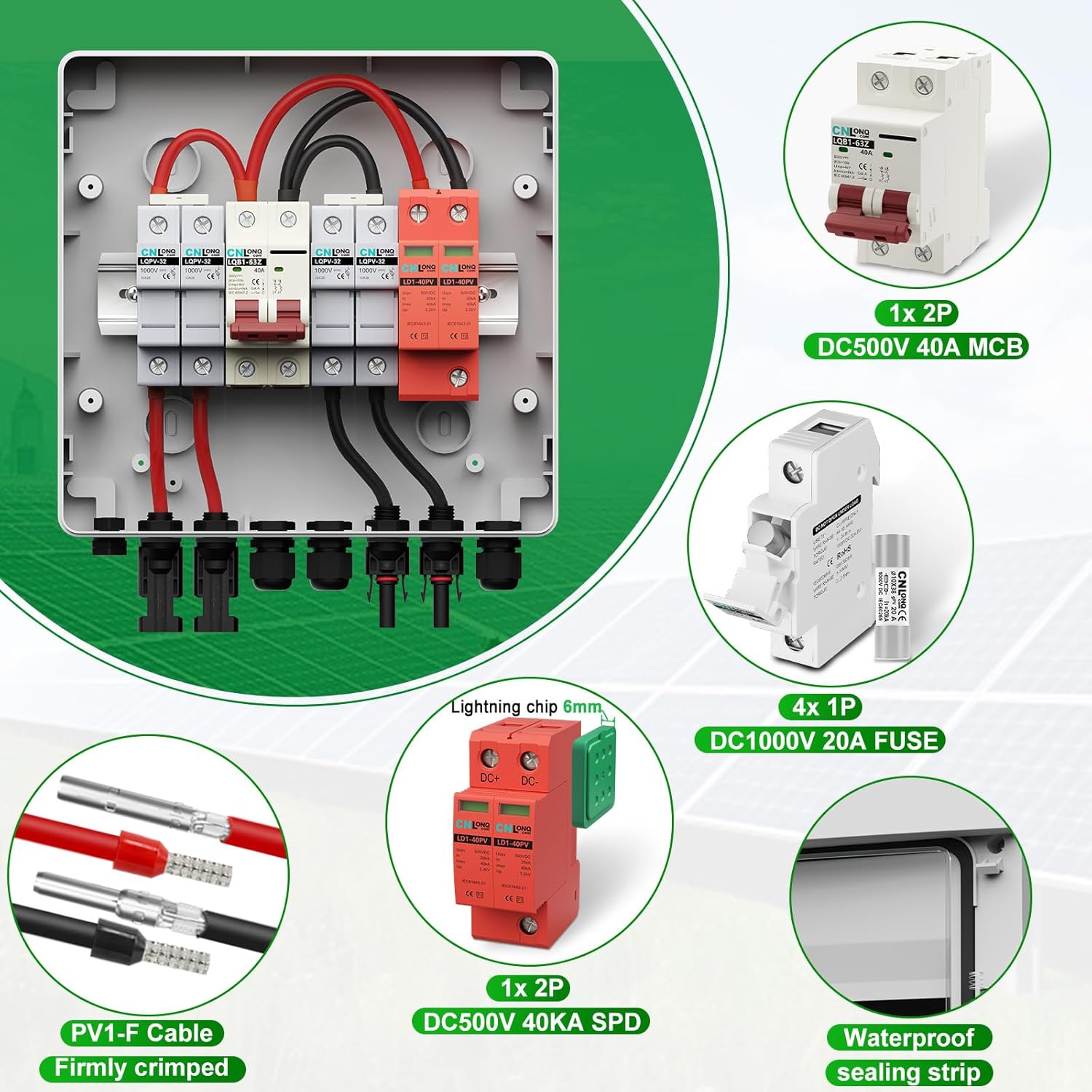 2 String Solar PV Combiner Box IP65 2 in 1 Out DC500V 40A Circuit Breaker with Surge Protector and 20A PV Fuse,Solar Disconnect Switch Outdoor Waterproof for Solar Panels System