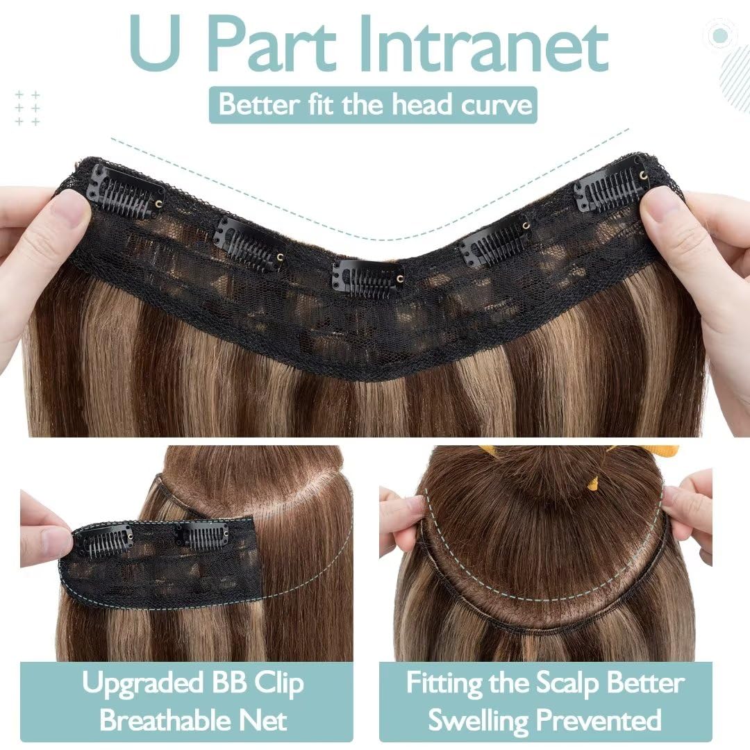 TESS Clip In Hair Extension 16 Inch,Hair Extensions Real Human Hair One Peice U-Shaped Balayage Straight Hairpieces for Women/Ladies/Girls(#4/27 Medium brown&Dark blonde,16Inch) - Image 2
