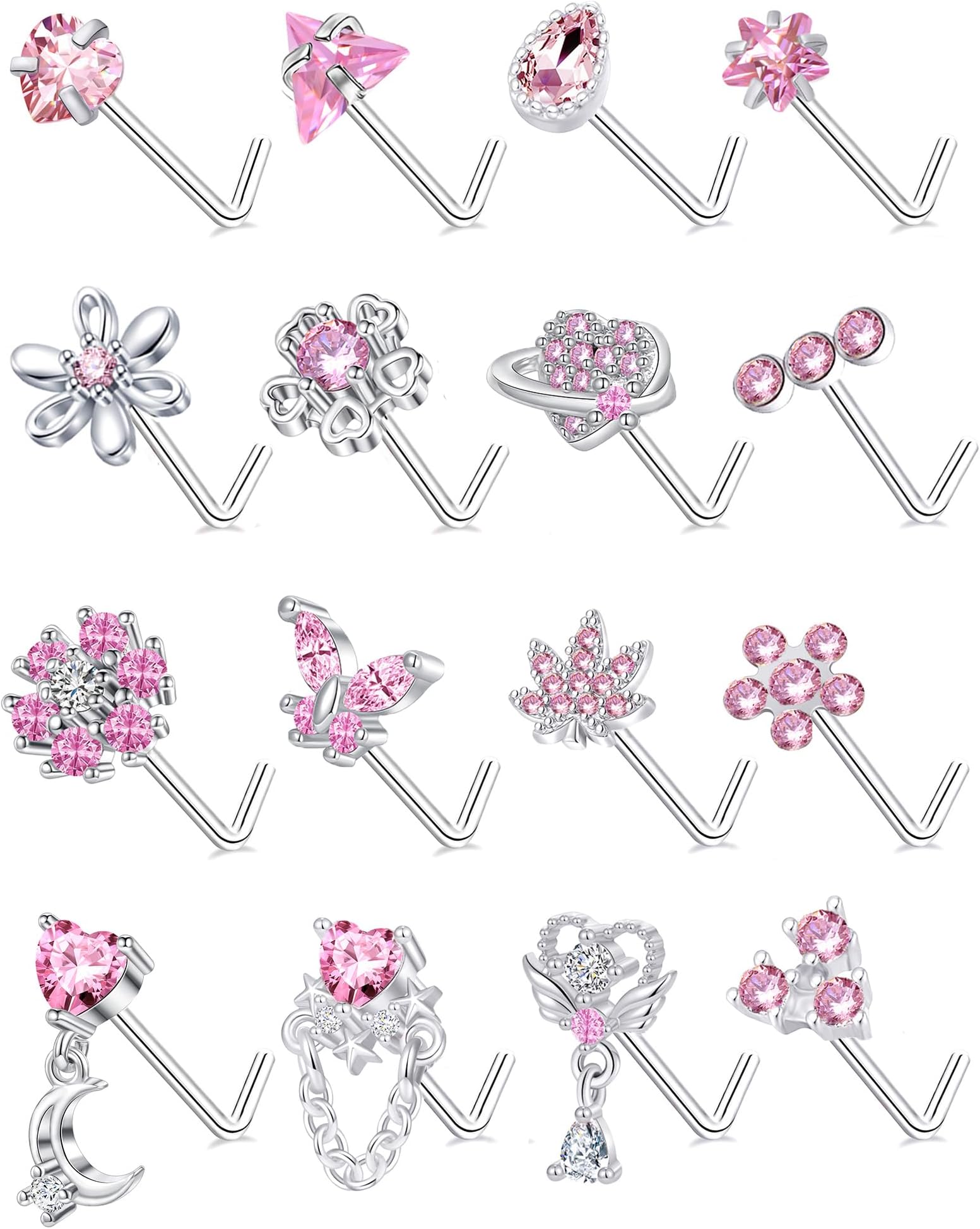16Pcs Nose Rings L Shaped Nose Stud Stainless Steel Butterfly Flower Leaf Heart Moon Dangle Nose Stud Ring Body Piercing Jewelry for Women Men 20G Pink Blue Clear CZ