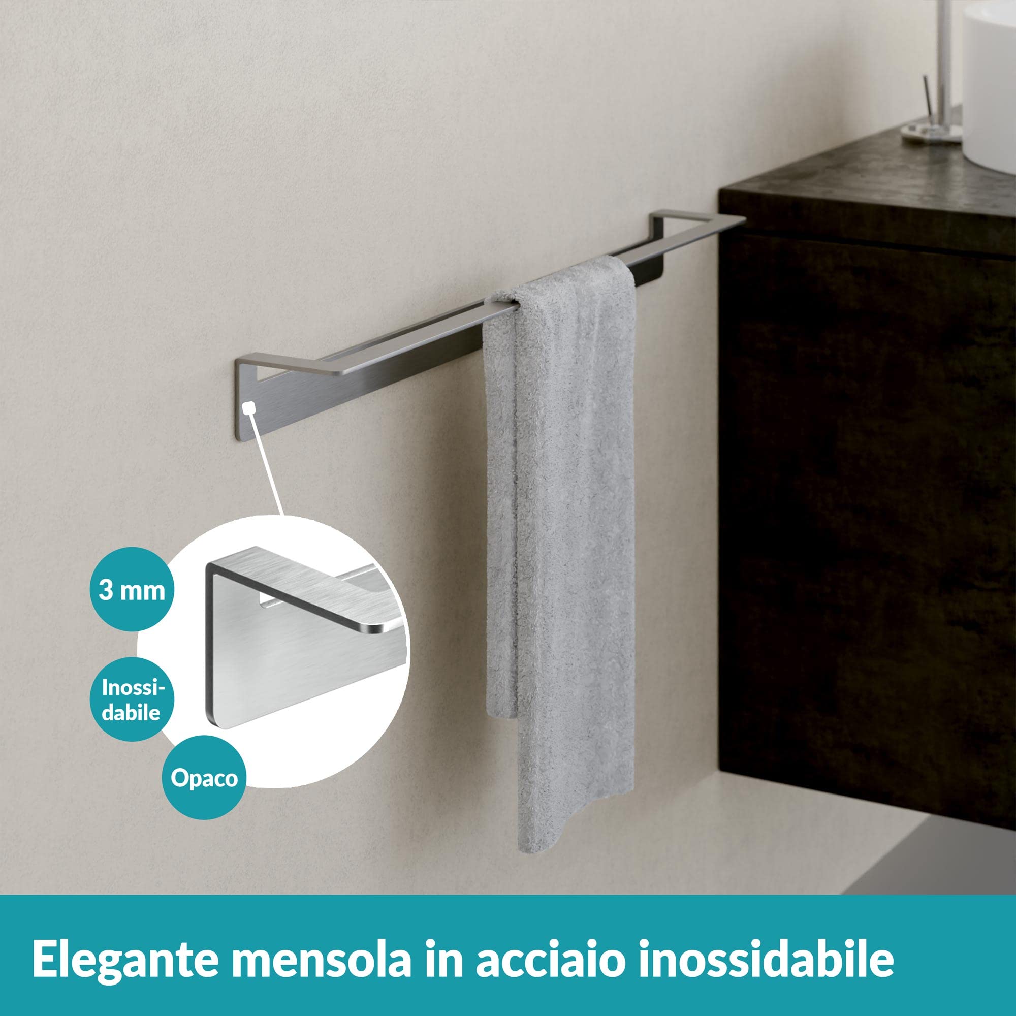 WEISSENSTEIN Porta asciugamani adesivo 60 cm - Acciaio inox da parete