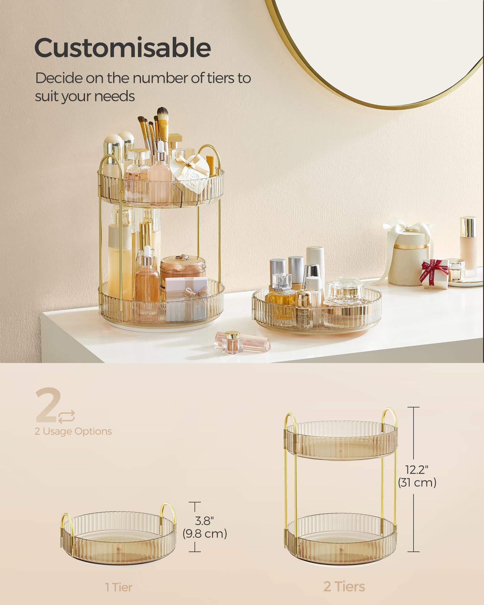 SONGMICS Makeup Organiser Rotating, 2-Tier Round Skincare Organiser, Customisable, Toiletries Cosmetics Organiser, Gift - Image 4