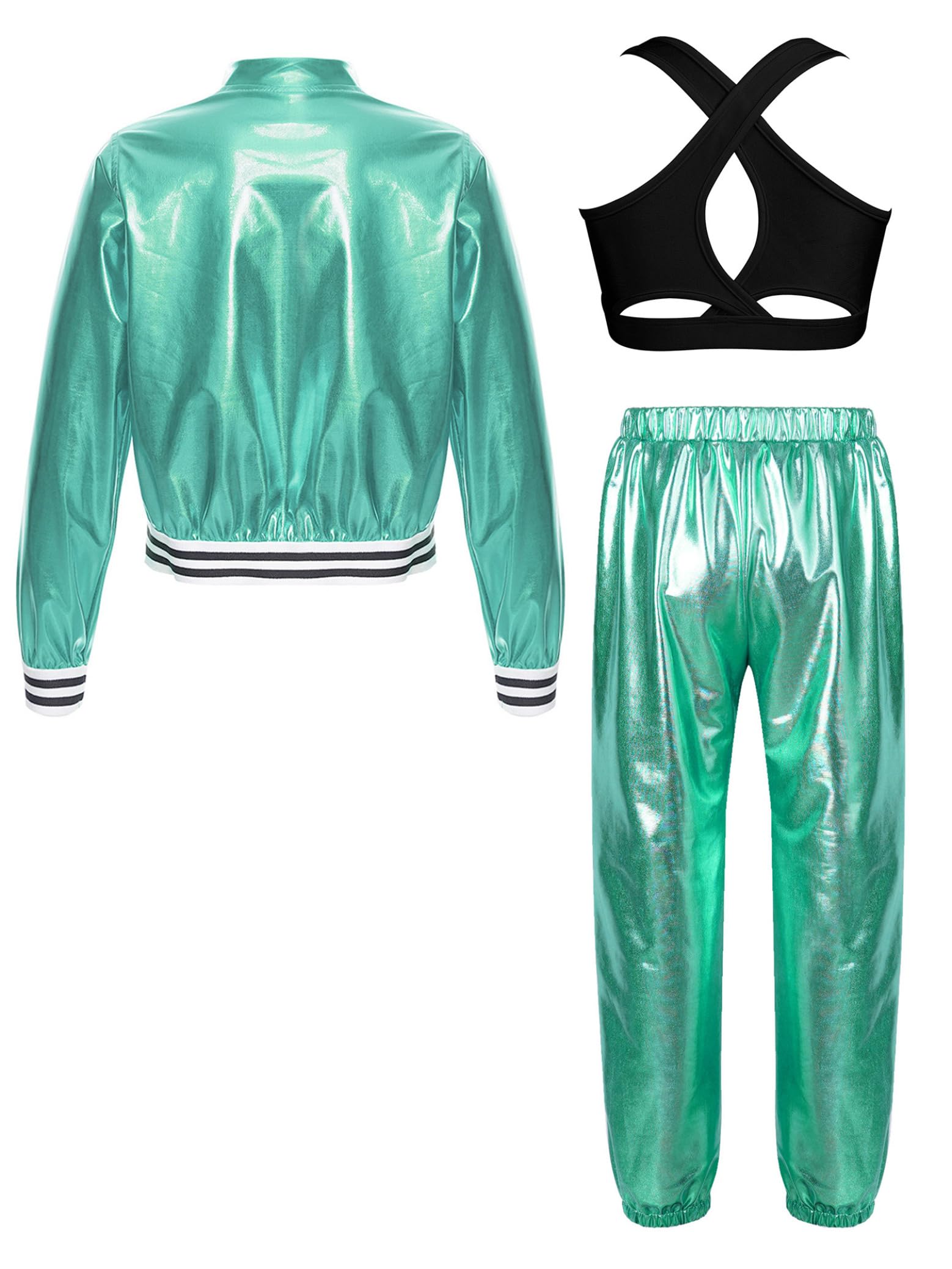 Bambini Ragazze Metallic Sports Suit Giacca Olografica A Maniche Lunghe con Reggiseno Sportivo Pantaloni Scintillanti A Vita Alta 3pc Sportswear