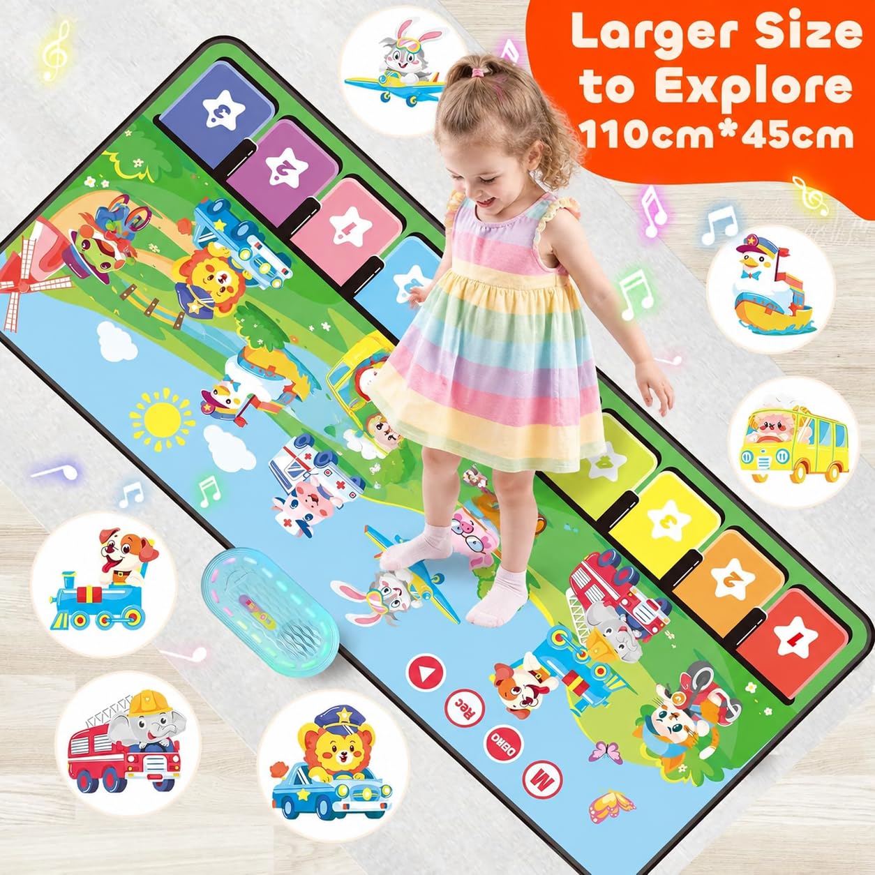 MOMUSE Alfombra Musical con 80 Sonidos, Alfombra de Piano Grande con 10 Animales y 10 Coches, Juguetes Musicales con Luz Suave, 10+ Niveles Volumen, Regalos para Niños Niñas 1 2 3 Años (110 cm*45 cm)