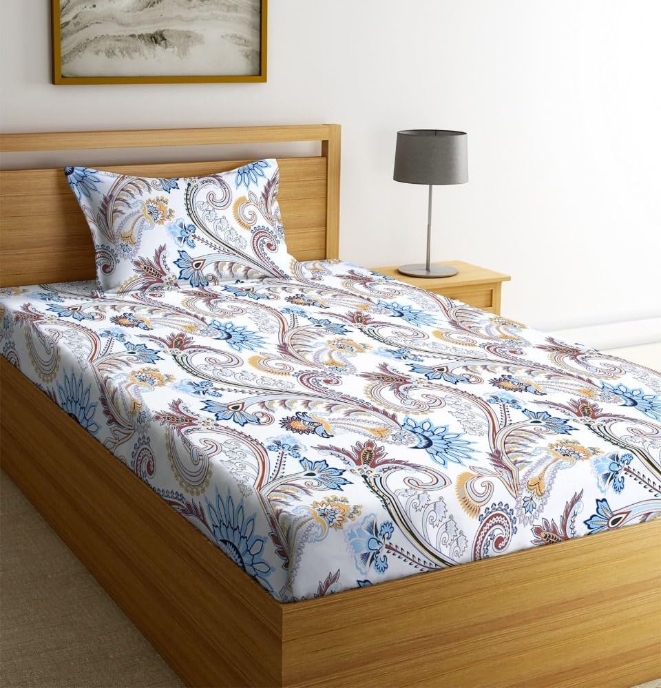 Image of NEW LEAF Glace Cotton 200 TC Flat Single Bedsheets for Summer Breathable | Wrinklefree (Size-60 X 90 Inch) with 1 Pillow Covers (Size-17 X 27 Inches, Abstract White Teal Blue)