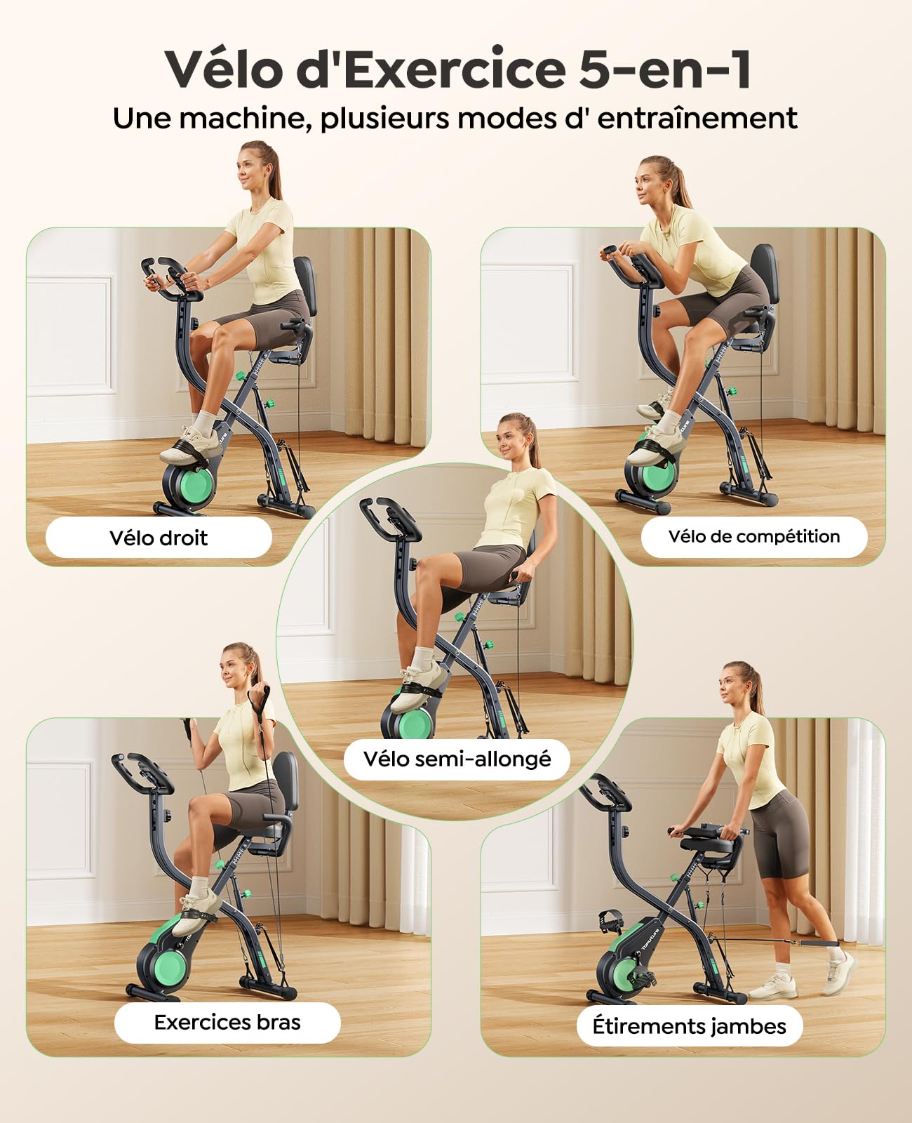 TOPUTURE 5-en-1 Vélo d’Appartement Pliable, Velo D Appartement avec 16 Niveaux de Résistance Magnétique, Moniteur LCD et Compatible APP, Vélos de fitness pour la maison avec Silencieux Capacité 140 kg