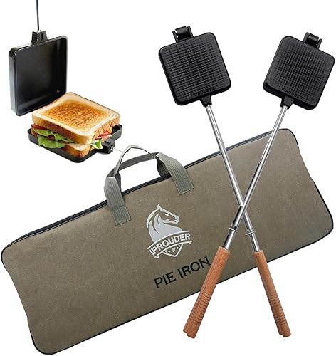 Miniatura 7 de Campfire Pie Iron - Sandwichera grande de hierro fundido de 4.9 pulgadas para camping, 2 piezas con bolsa de almacenamiento, asas gruesas de 22.6