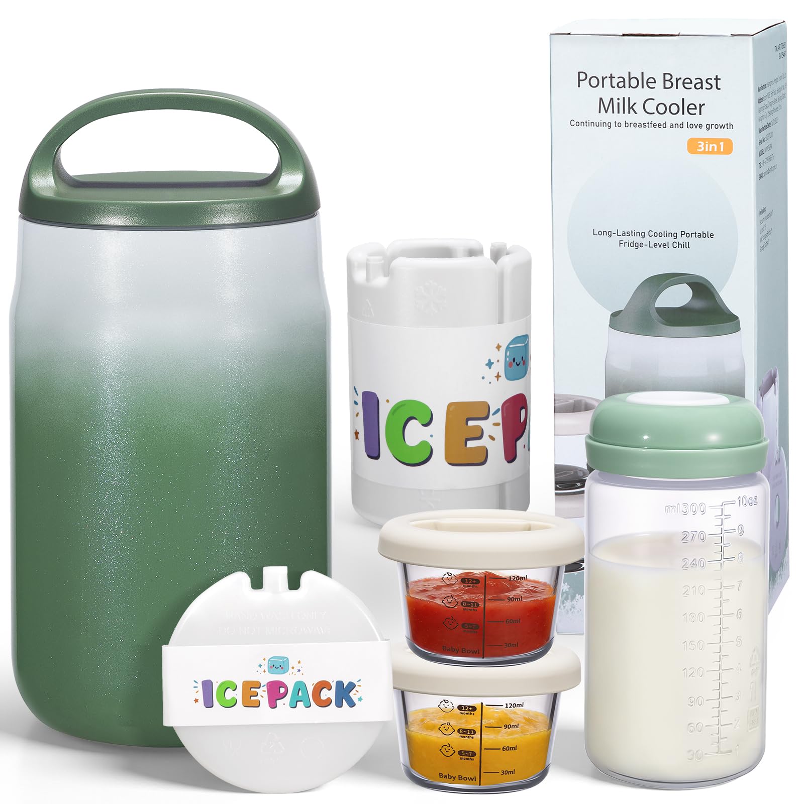 Enfriador Portátil Leche Materna 800ml, Refrigeración 360° 24h, Biberones 325ml sin BPA, 2 Recipientes Comida Bebé 120ml, Apto Lavavajillas, para Bebés Adultos Viaje Trabajo Exterior, Verde