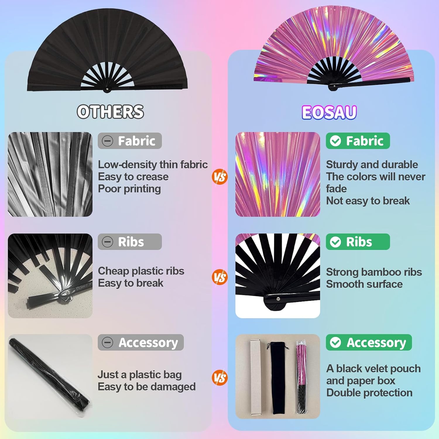 EOSAU Large Holographic Rave Fan, Folding Hand Fans for Line Dancing, Pink