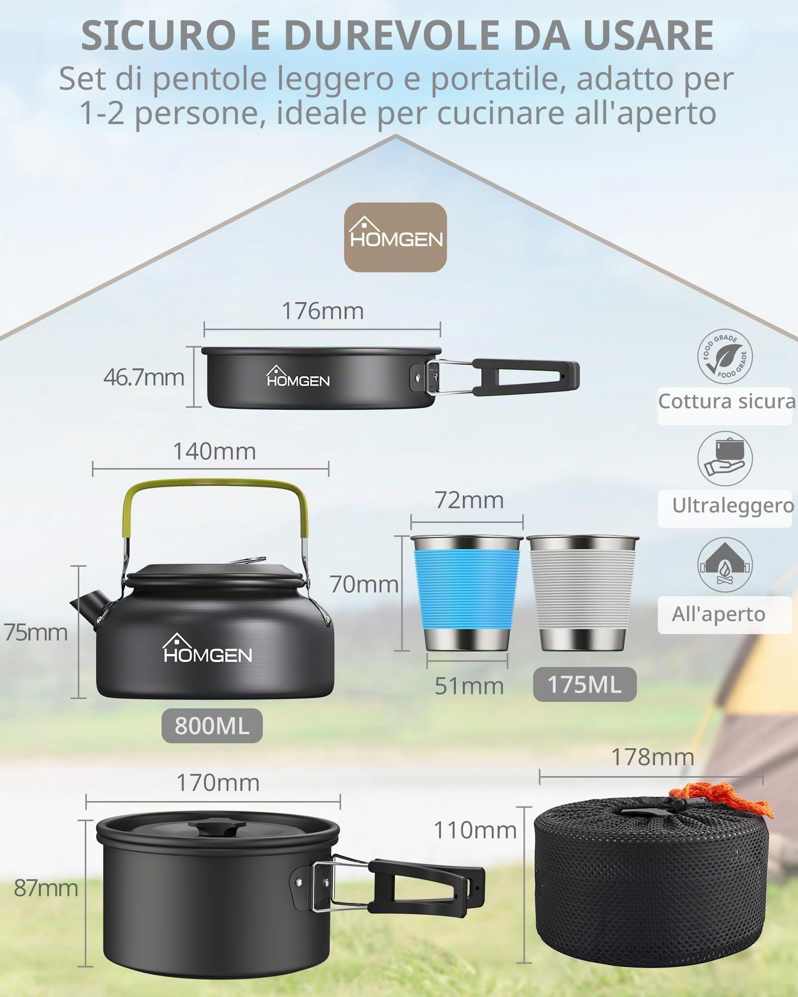 HOMGEN Set da campeggio in alluminio con posate pieghevoli per 2-3 persone | Set portatile e leggero, pentole e padelle da campeggio, adatto per un fornello da campeggio, con custodia, antiaderente
