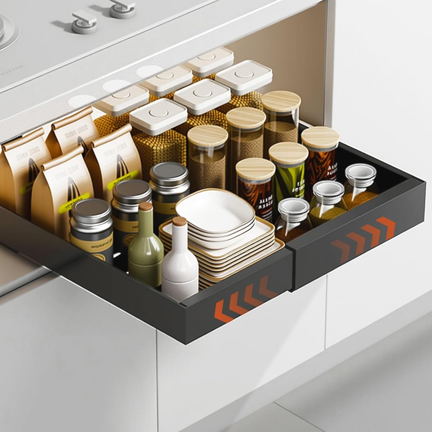 Cassetto Estraibile Cucina,Cassetti Telescopico Armadio,Cassetti Estraibili Con Adesivo,Larghezza Regolabile Da 32 a 53 Cm Con Guida Autoadesiva Silenziosa,Non Richiede Forature Né Chiodi - 2