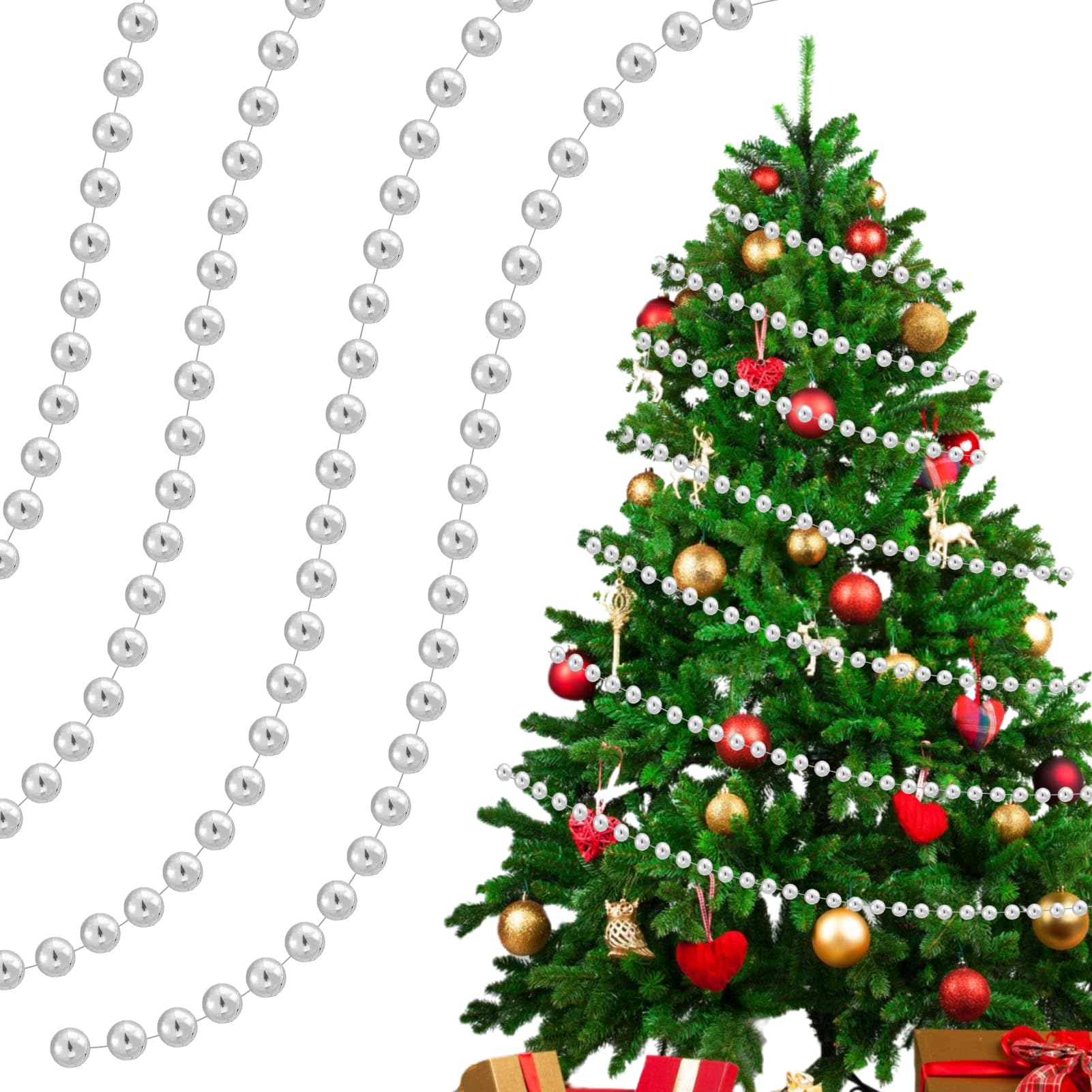 Weihnachtsbaum-Perlen, 15,2 m, Weihnachtsbaum-Girlande, künstliche Perlen, silberfarbene Kunststoff-Perlen-Girlande für Weihnachtsbaum, drinnen und draußen, Heim-Party-Dekorationen