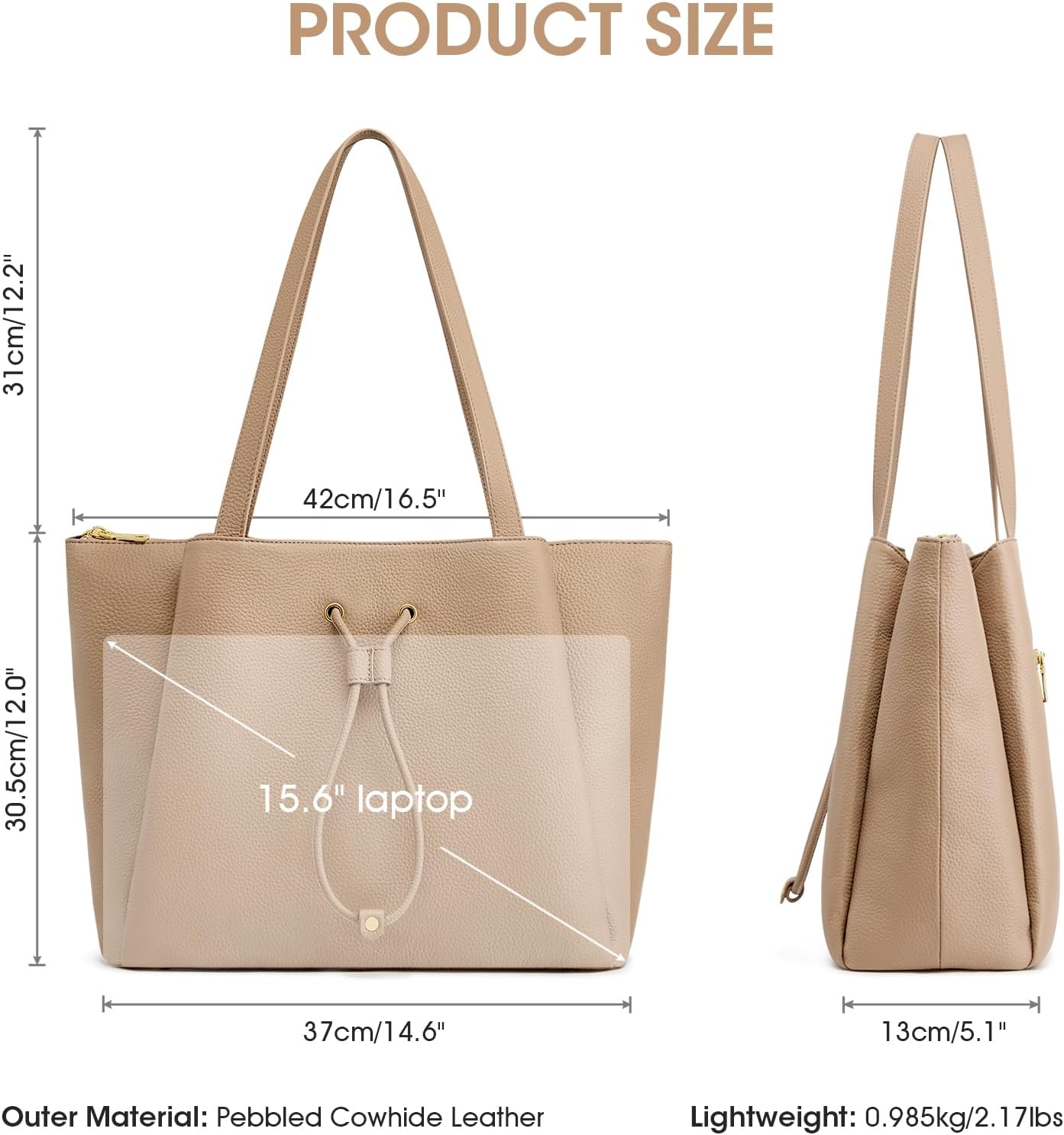 Kattee Work Tote Bags for Women, Large Genuine Leather Shoulder Handbags with Laptop Compartment - Image 3