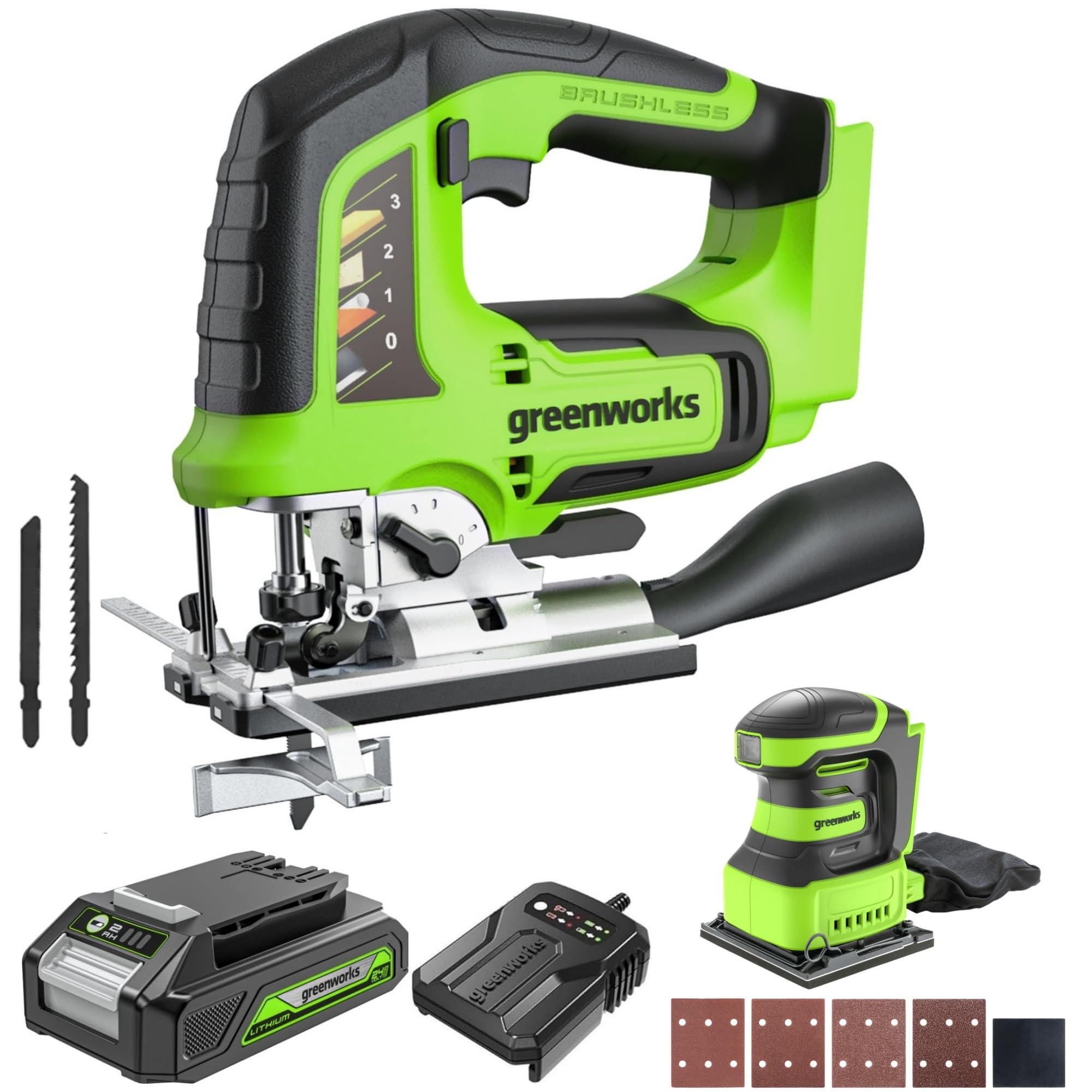 Greenworks Scie sauteuse sans fil 24 V et meuleuse à poing sans fil, hauteur de levage 26 mm, brushless, avec batterie 2 Ah et chargeur