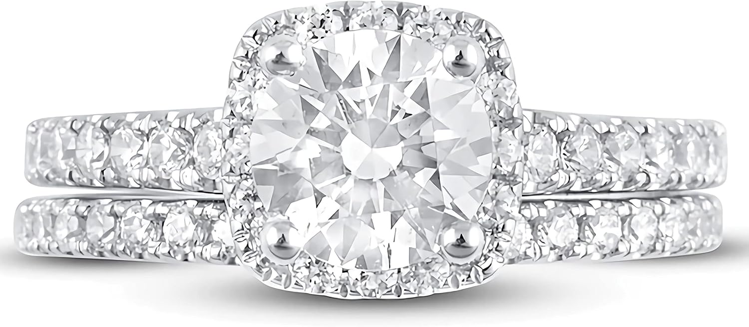 Bridal Set 2-1/5 CT TW Round Cut Moissanite Engagement Ring Wedding Band Set for Women 10k 14k 18k White Gold Free Engraving