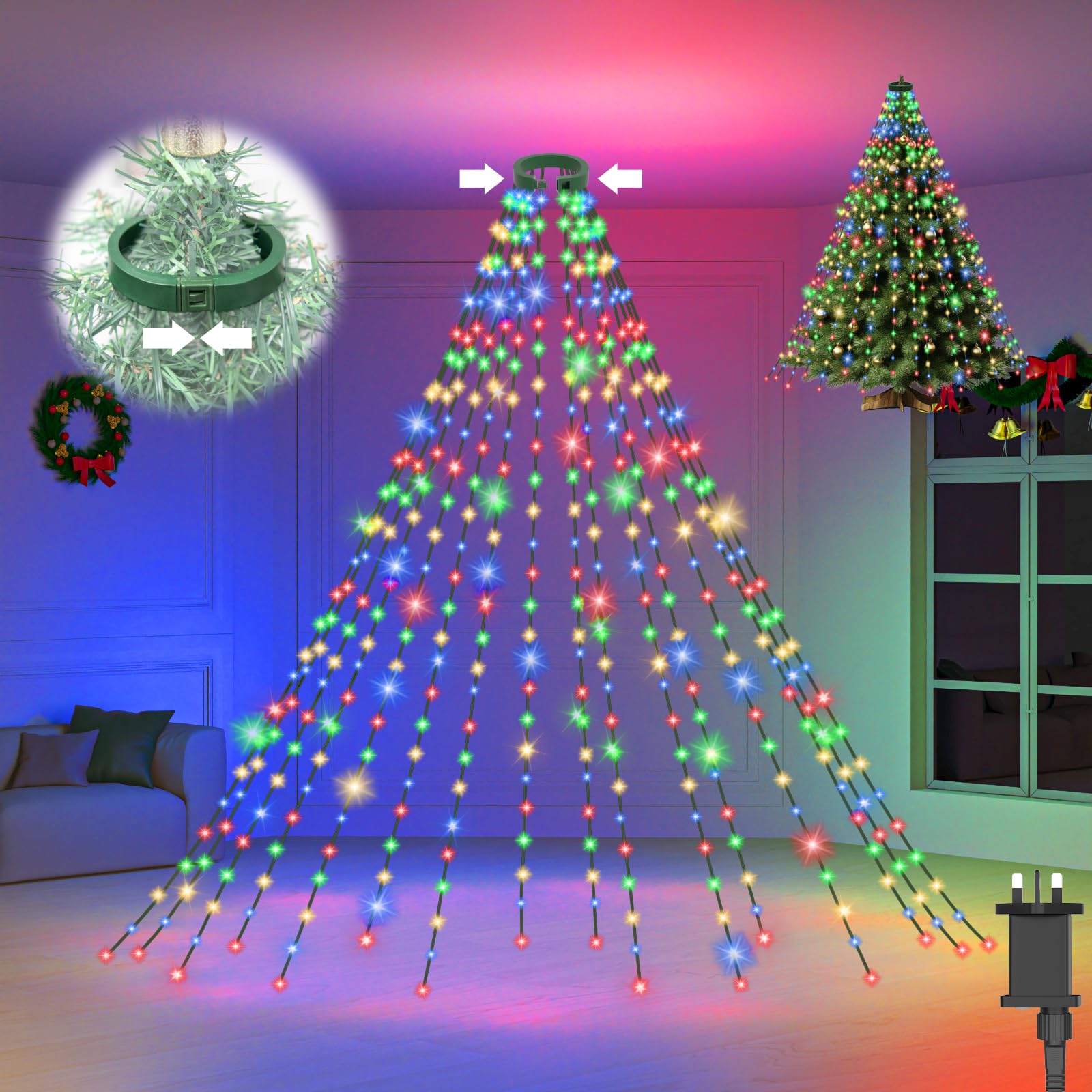 Isisyu Christmas Tree Lights, 480 LED 3M x 16 Lines Xmas Tree Lights Plug in with 8 Modes/Timer/Memory