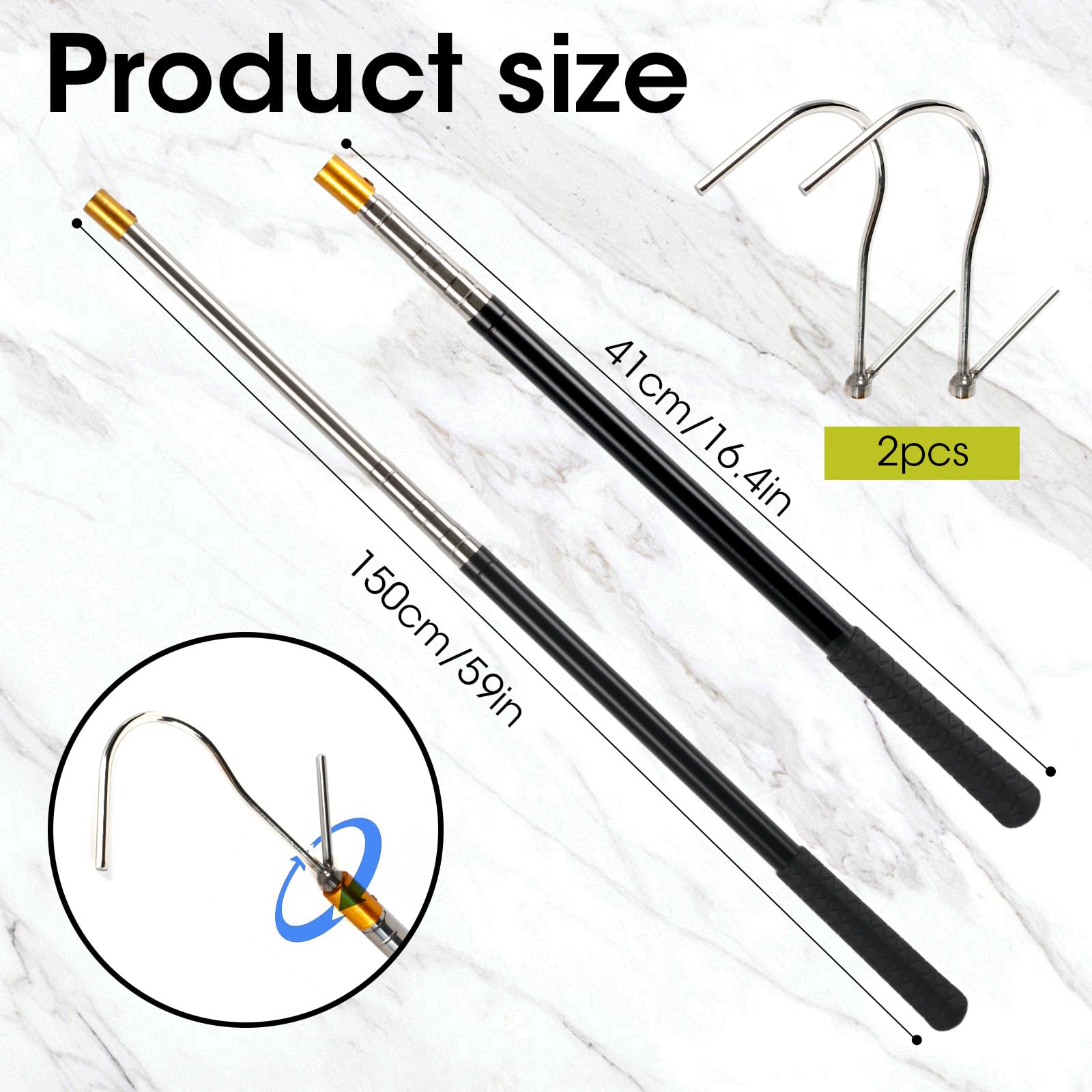 Asta Telescopica da 41 a 150 cm con Gancio in Acciaio Inox, Bastone Telescopico