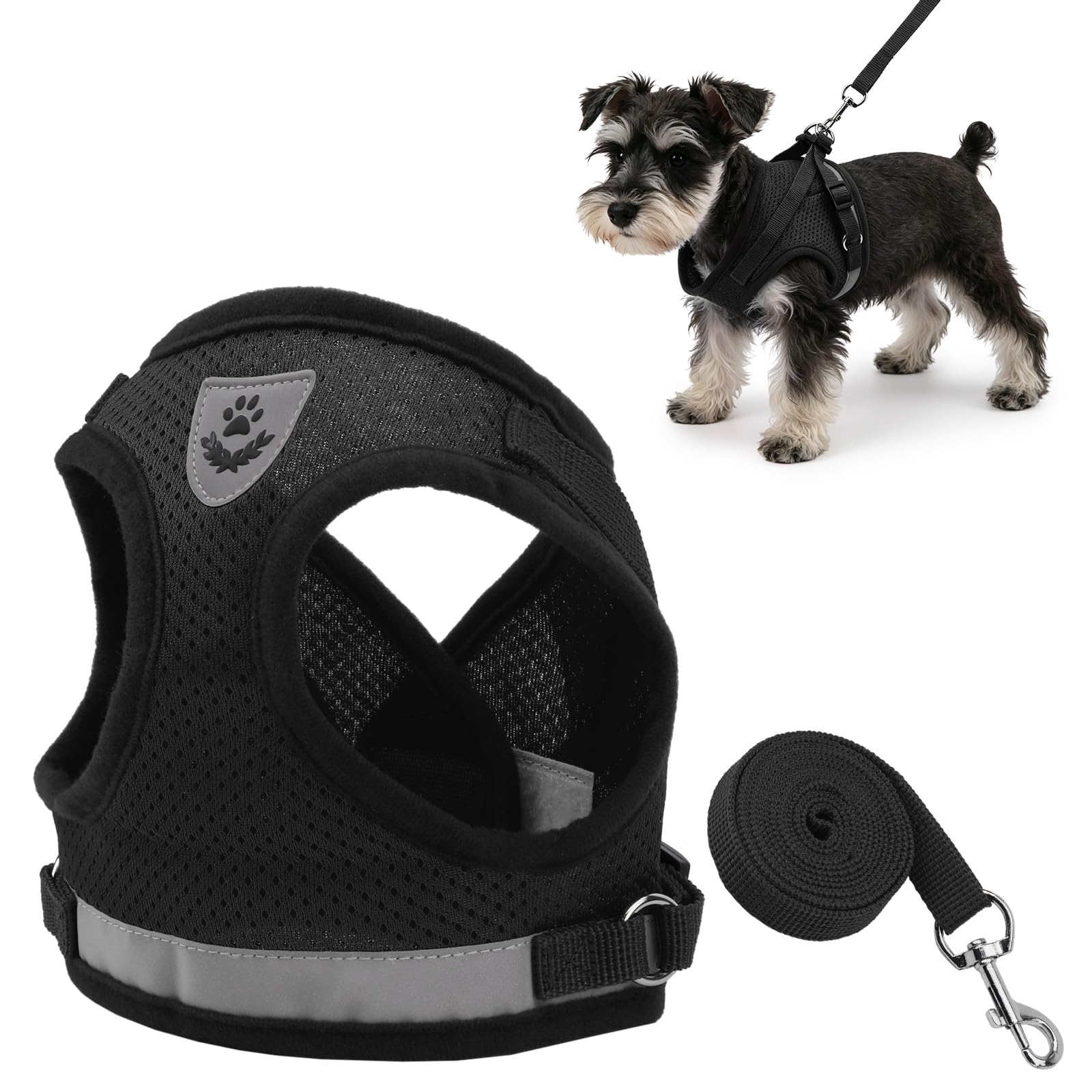 Soft Dog Cat Harness with Leash Adjustable Halter Harness No-pull Breathable Mesh Safety Outdoor Reflective Walking Leash Set (BLACK, M)