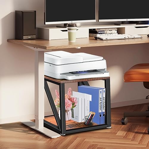 Miniatura 6 de Printer Stand Wood Printer Stand with Storage 2 Tier Heavy Duty Printer Table Printer Stand for Desk Under Desk Storage Shelf for Home Office (Brown)