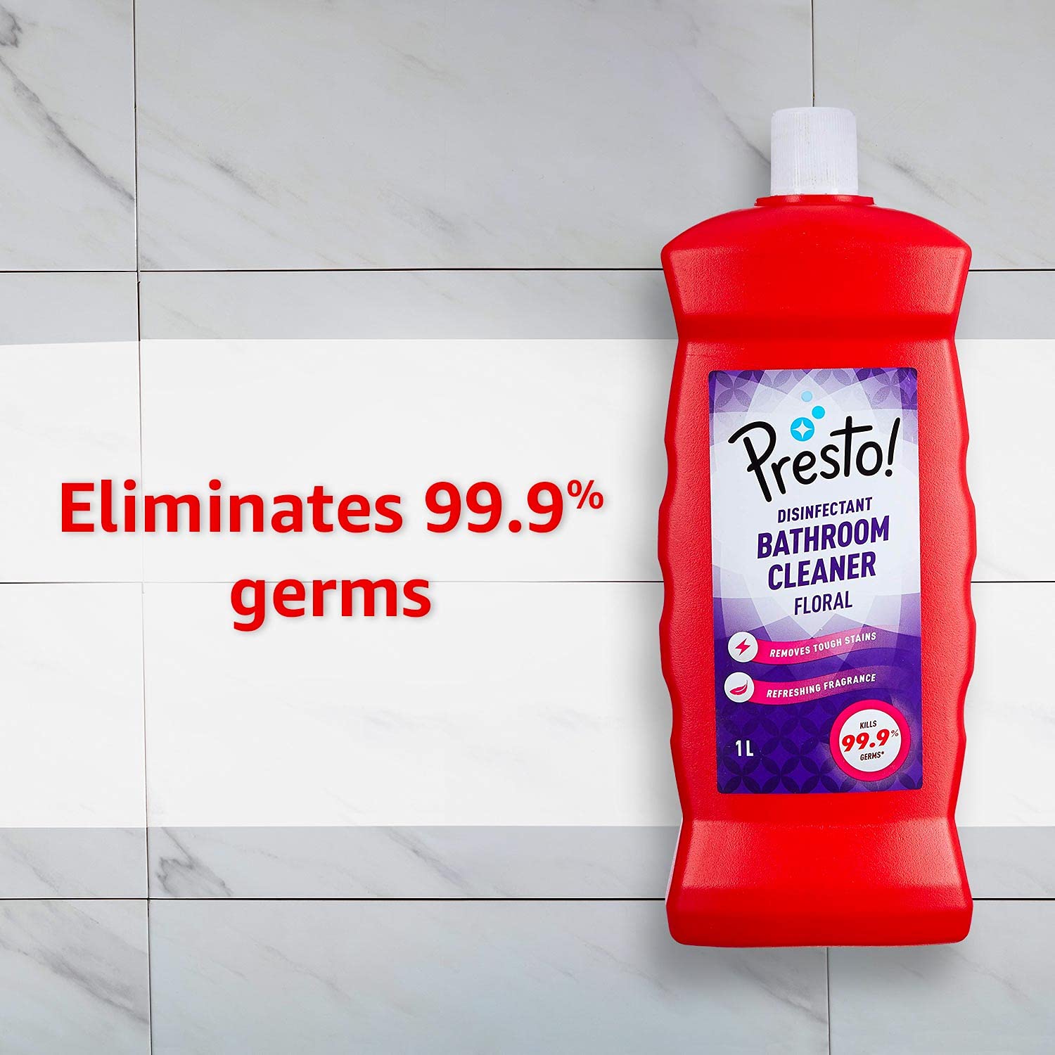Amazon Brand - Presto! Bathroom Cleaner | Floral | 2 Litre | 1 L X 2 Packs | Suitable For Bathroom Floors, Slabs, Wall Tiles, Sinks, Basins, Stainless Steel Taps & Shower Heads 4