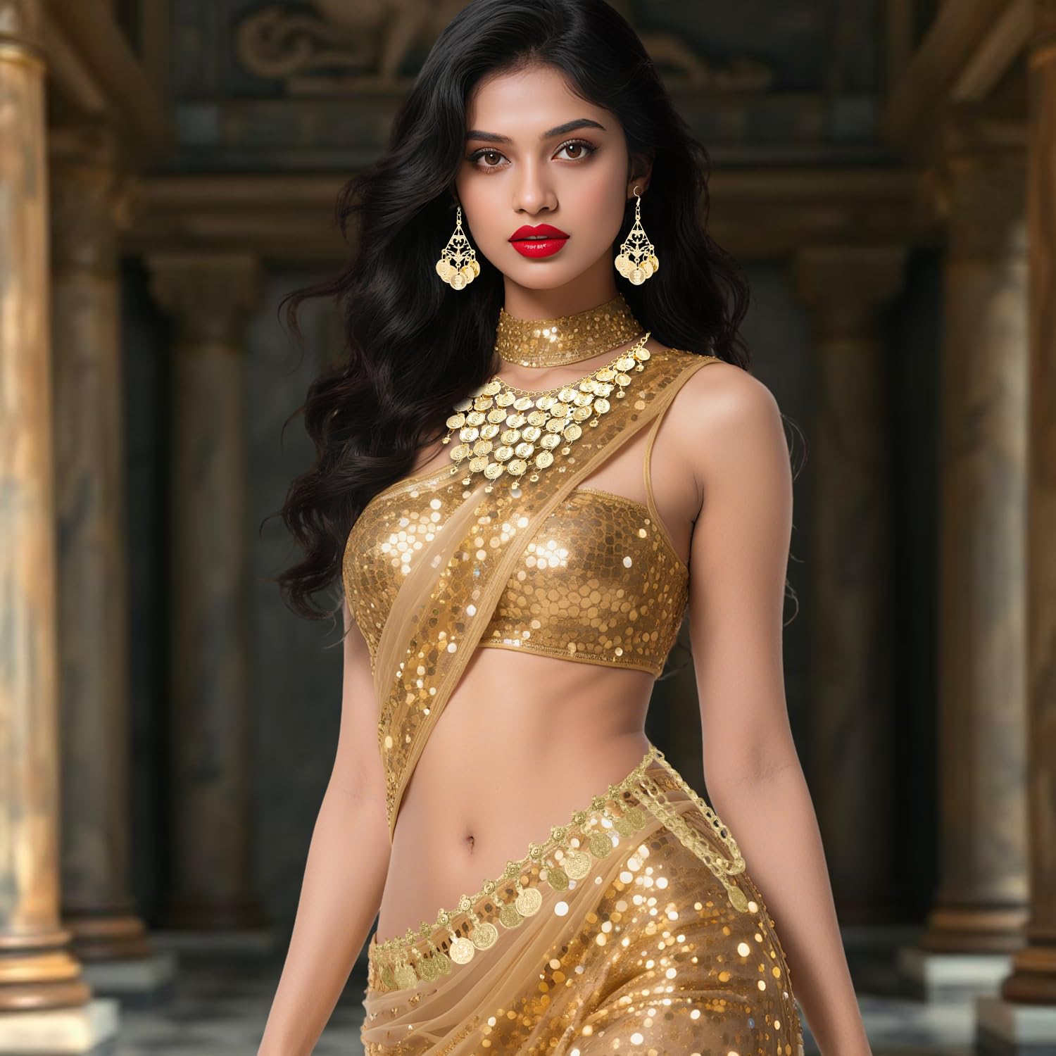 DIPZO Egyptian Costume Accessories Golden Hair Clips and Necklace for Cleopatra Party and Belly Dance Festival Performance - Image 2