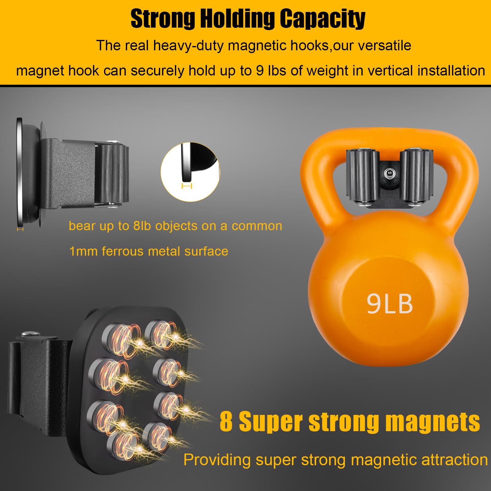 Soporte de pared magnético mejorado para escoba y trapeador, ahorro de espacio, resistente, sin taladrar sobre la puerta, agarre de escoba para caravana, organizador de pared, color negro, 4 unidades 6