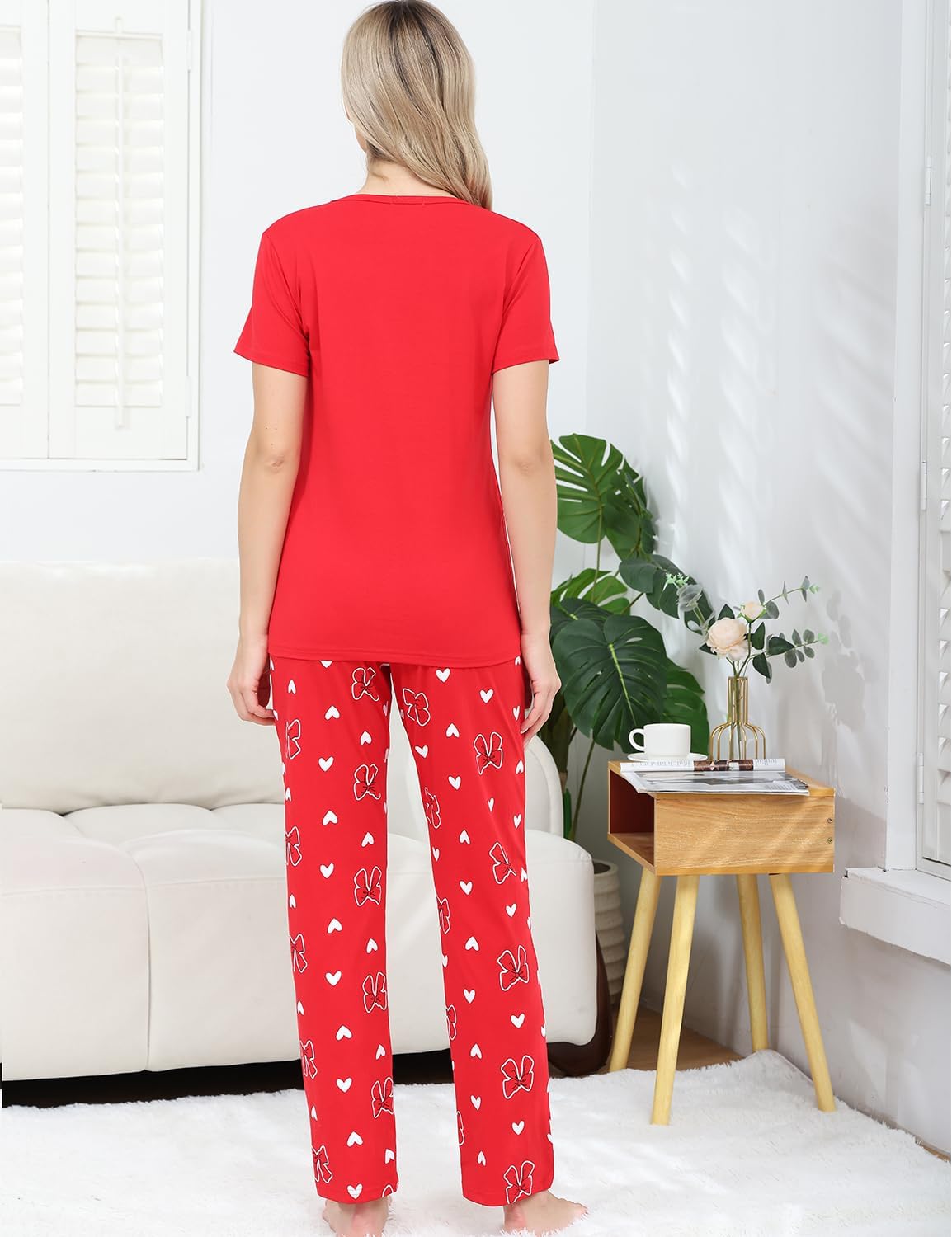 EISHOPEER Women's Cotton Pajama Set Cute Printed Short Sleeve Top & Long Pants Sleepwear Pjs Sets - Image 6