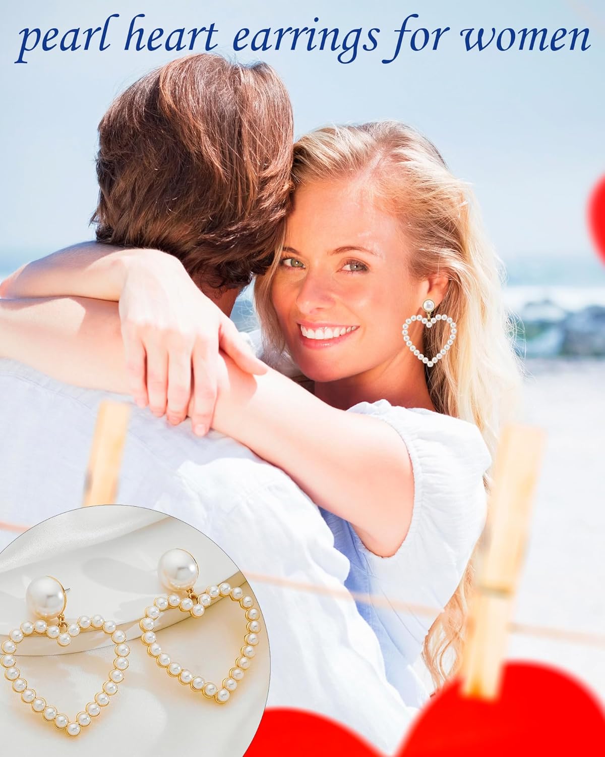2 Pairs Pearl Heart Earrings for Women Trendy Heart Pearl Hoop Earrings White Pearls Love Shaped Dangle Ear-rings Valentine's Day Jewelry Accessories for Her - Image 3