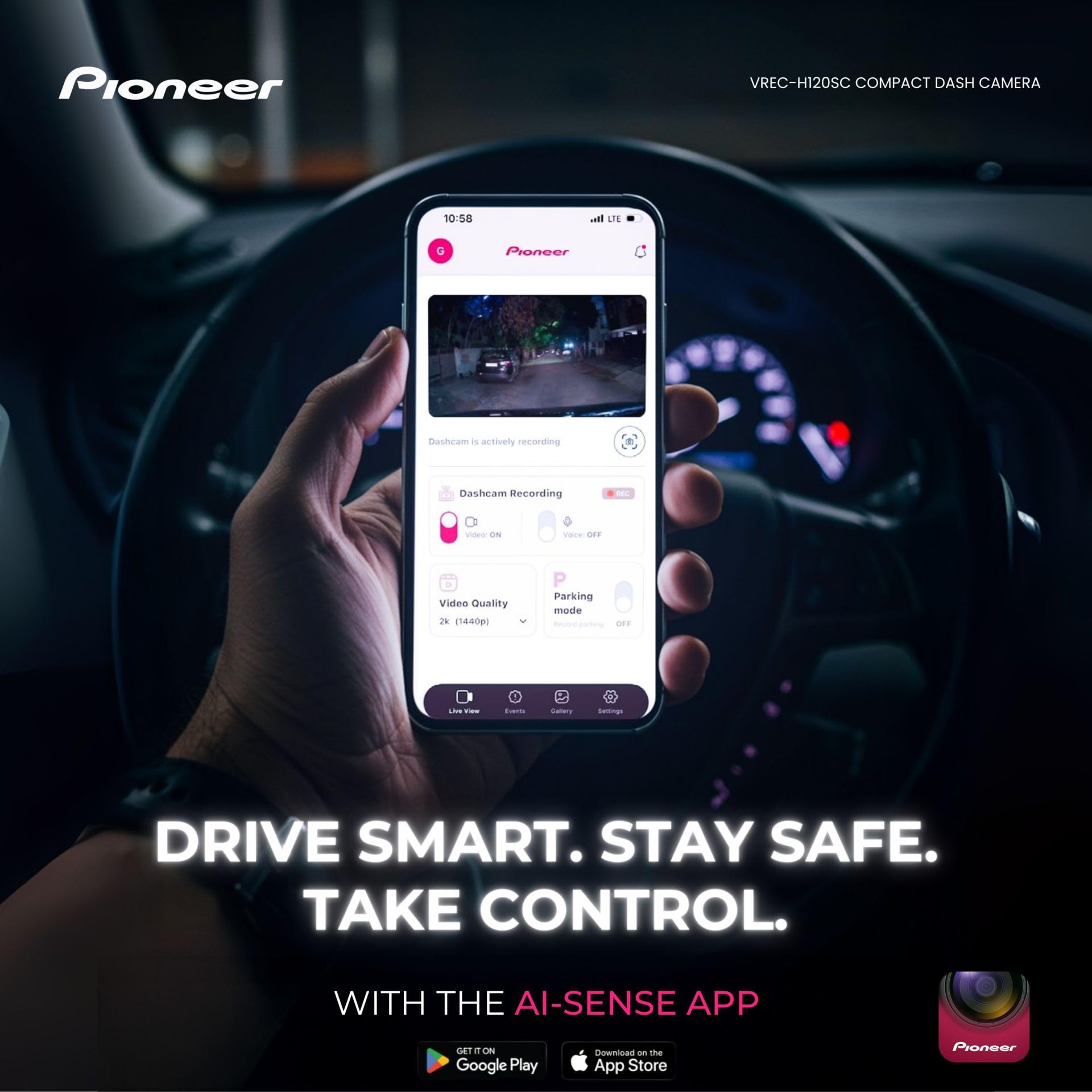 Pioneer VREC-H120SC Kamera samochodowa: przednia kamera 1-kanałowa z rozdzielczością 1.5K, szerokokątnym obiektywem 120°, funkcją Wi-Fi, czujnikiem G i aplikacją Pioneer ai.sense