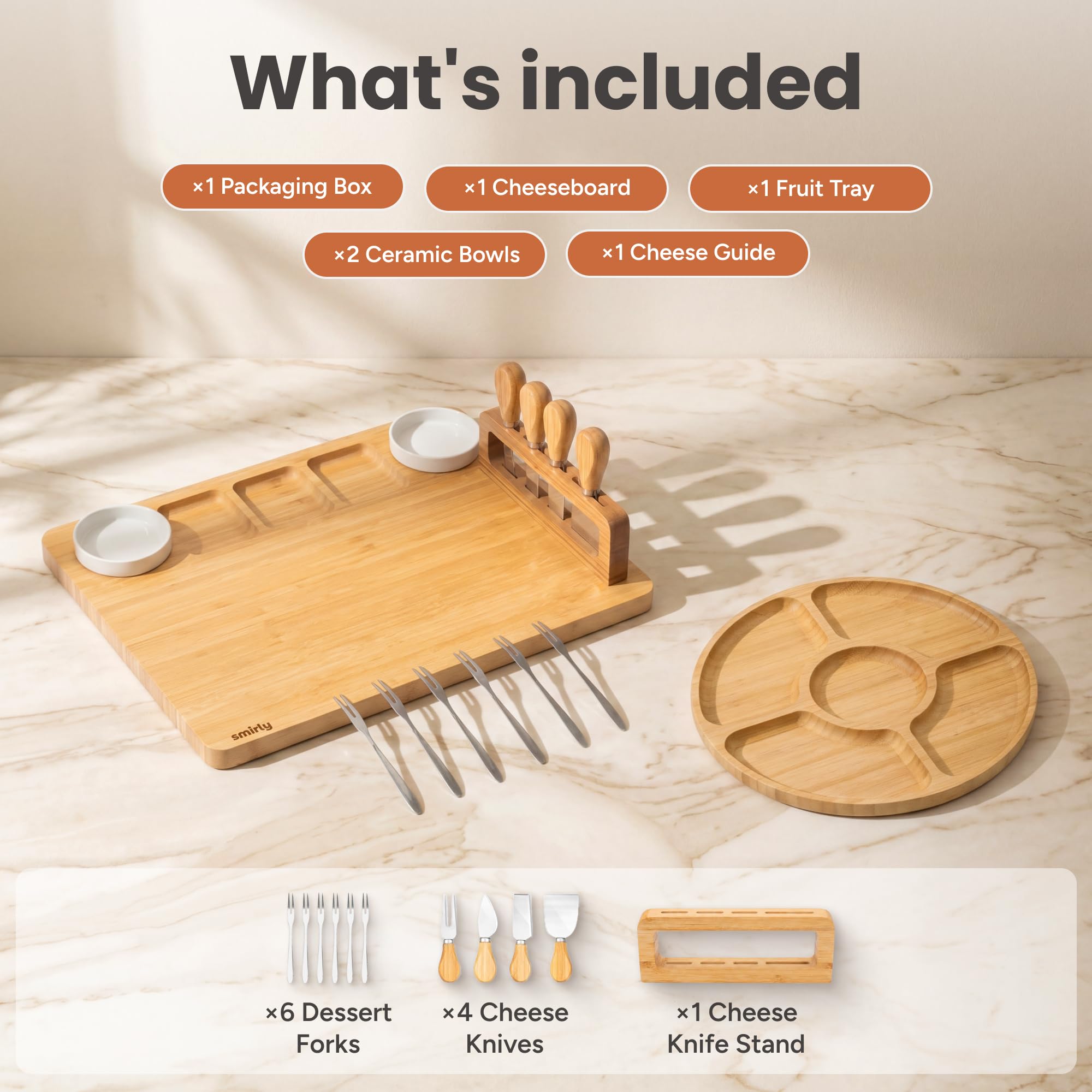 SMIRLY Tabla De Quesos Y Juego De Cuchillos: Tabla De Charcutería, Tabla De Quesos, Tabla De Quesos De Bambú Con Cubiertos, Bandeja De Quesos, Tabla De Quesos De Madera