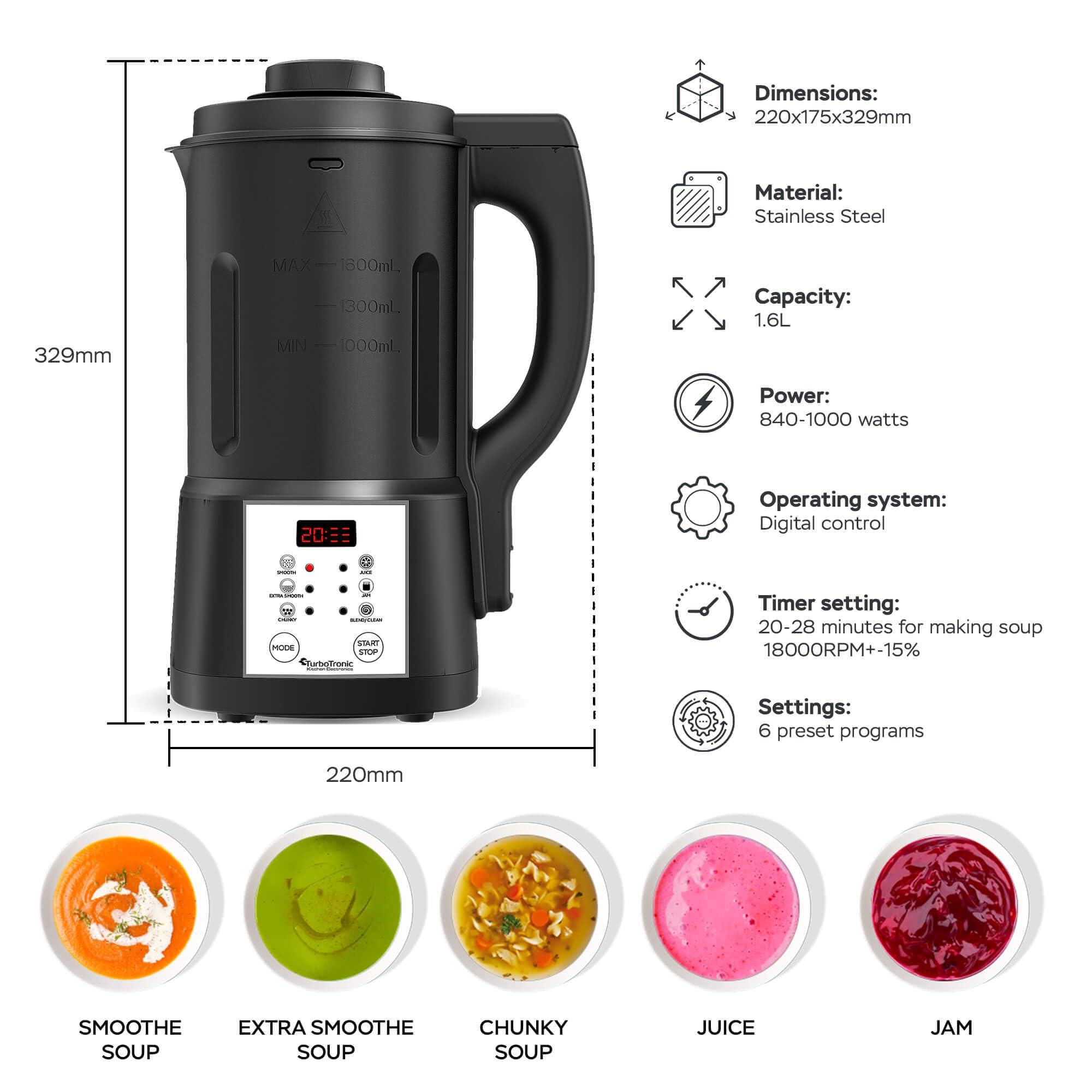 TurboTronic Mixeur à Soupe 1,6L, 1000W - 6 Programmes, Multifonction pour Soupes, Smoothies et Alimentation pour Bébés - Idéal pour les Familles