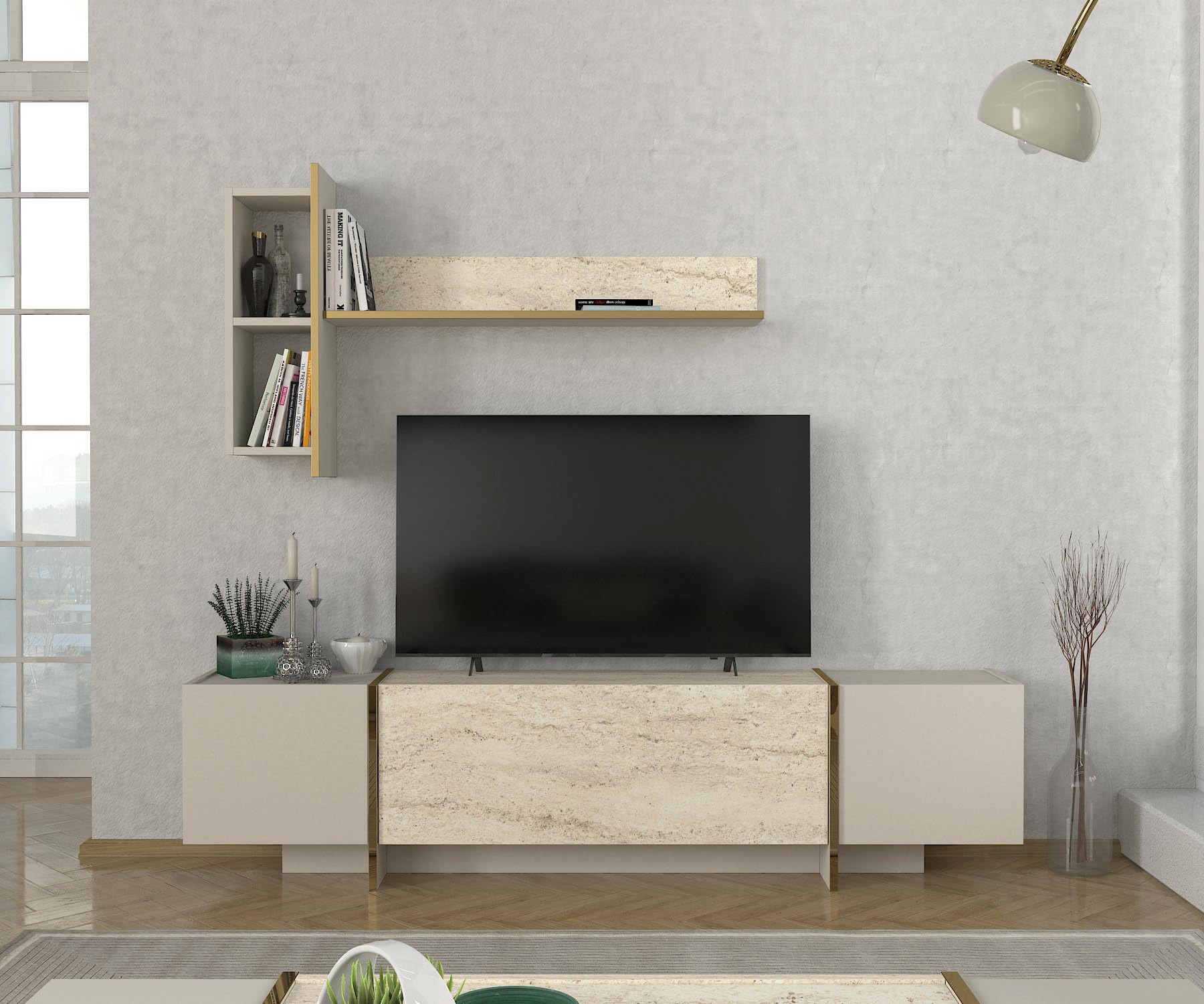 moebel17 Wohnwand Braun Dunkelgrau,Moderne Anbauwand Holz, TV Lowboard Marmor Optik, Mediawand mit Hängeregal, 4 Türen, viel Stauraum, glänzend, 180 x 45 x 32 cm, 2574