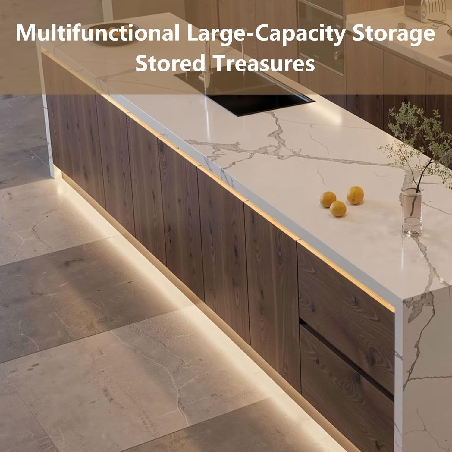 Kitchen Island with Storage - Kitchen Island Table with Integrated Sink, Under Cabinet LED Lighting, Power Outlet, Marble Patterned Top, Wood Grain Cabinet for 4 People (68IN No Chairs)