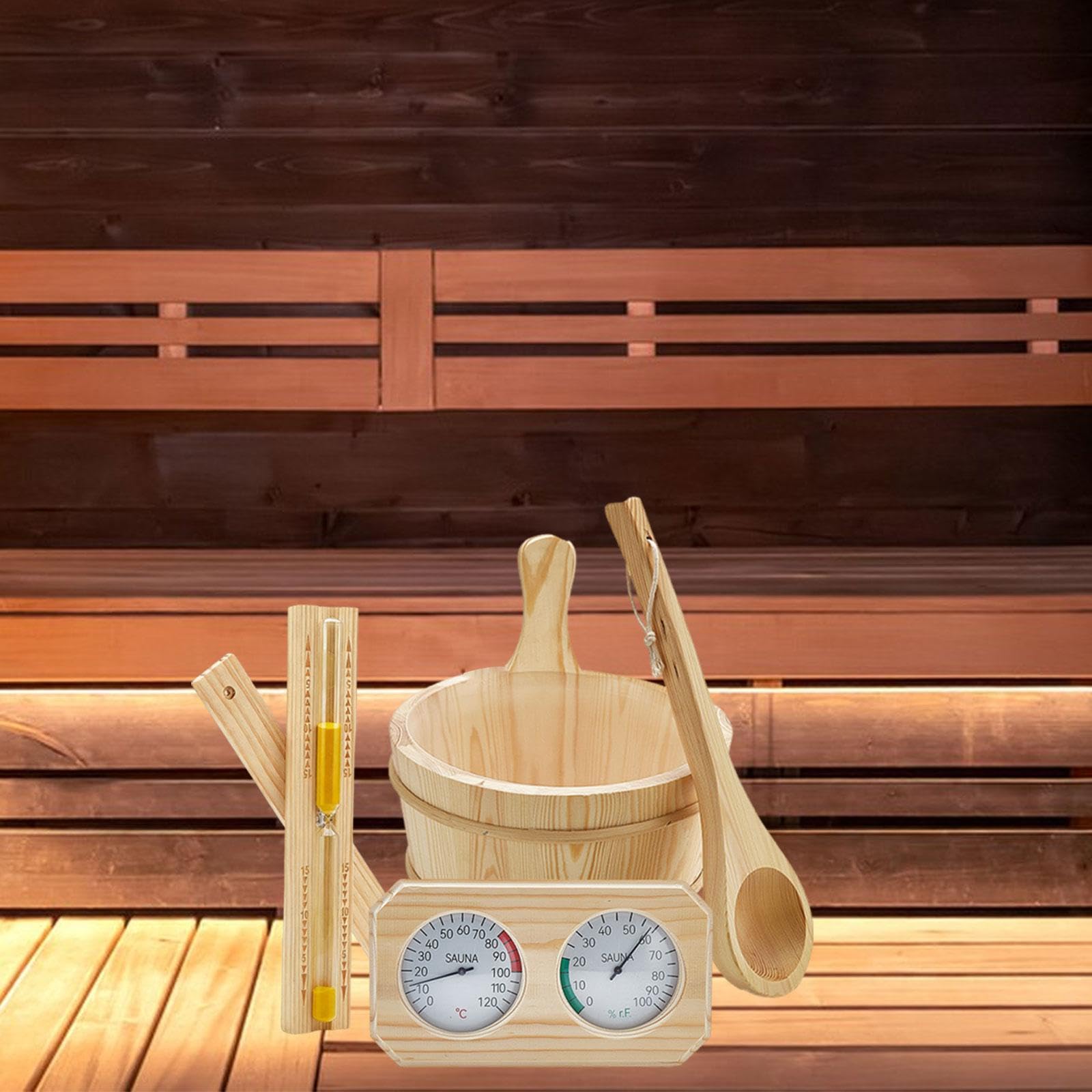 MagiDeal Kit Accessoires Sauna, Seau 4 L avec Poignée, Thermomètre Hygromètre, Louche, Sablier, Bois de Pin