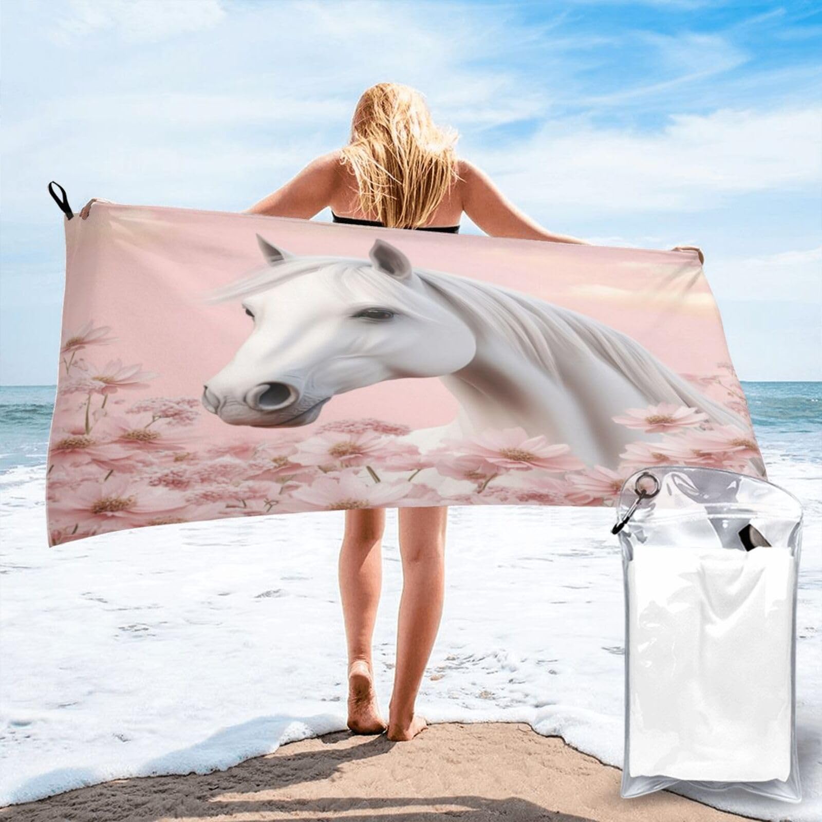 Anceky White Horse Amidst Pink Flowers Quick Dry Microfiber Travel Towel with Carry Case and Carabiner 31.5"X63"