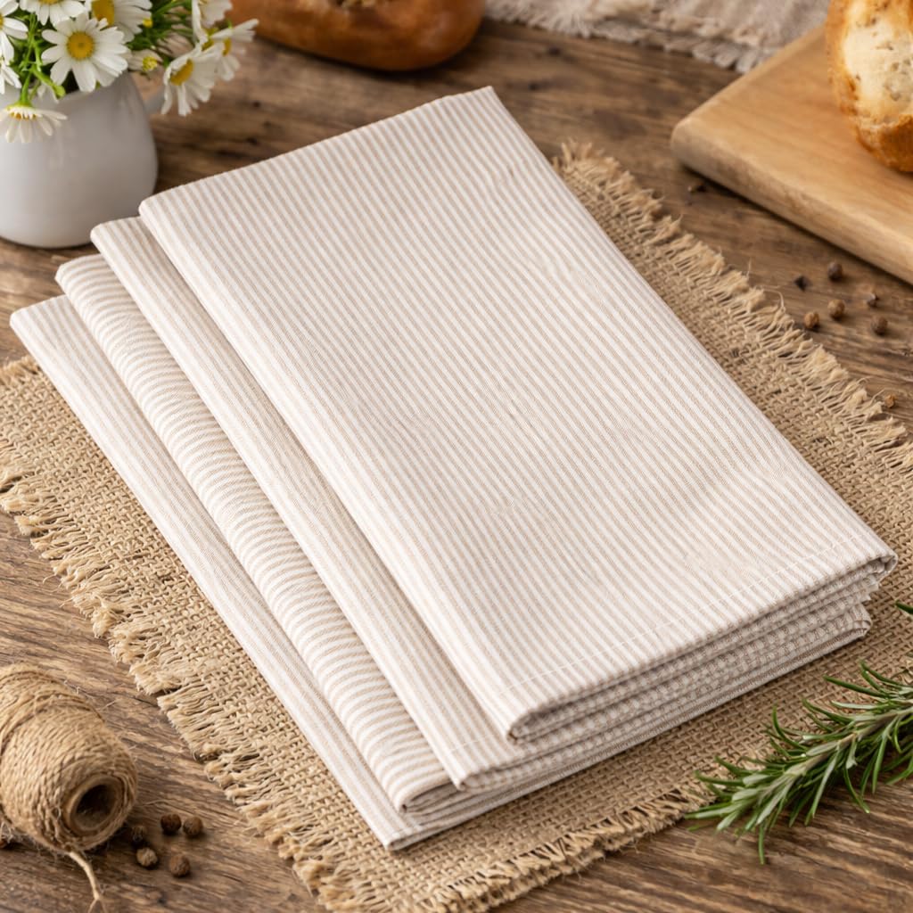 Fennco Styles Farmhouse Neutral Striped 100% Pure Cotton Cloth Napkins 20 x 20 Inch, Set of 4 - Beige Dinner Napkins for Everyday Use, Banquets,
