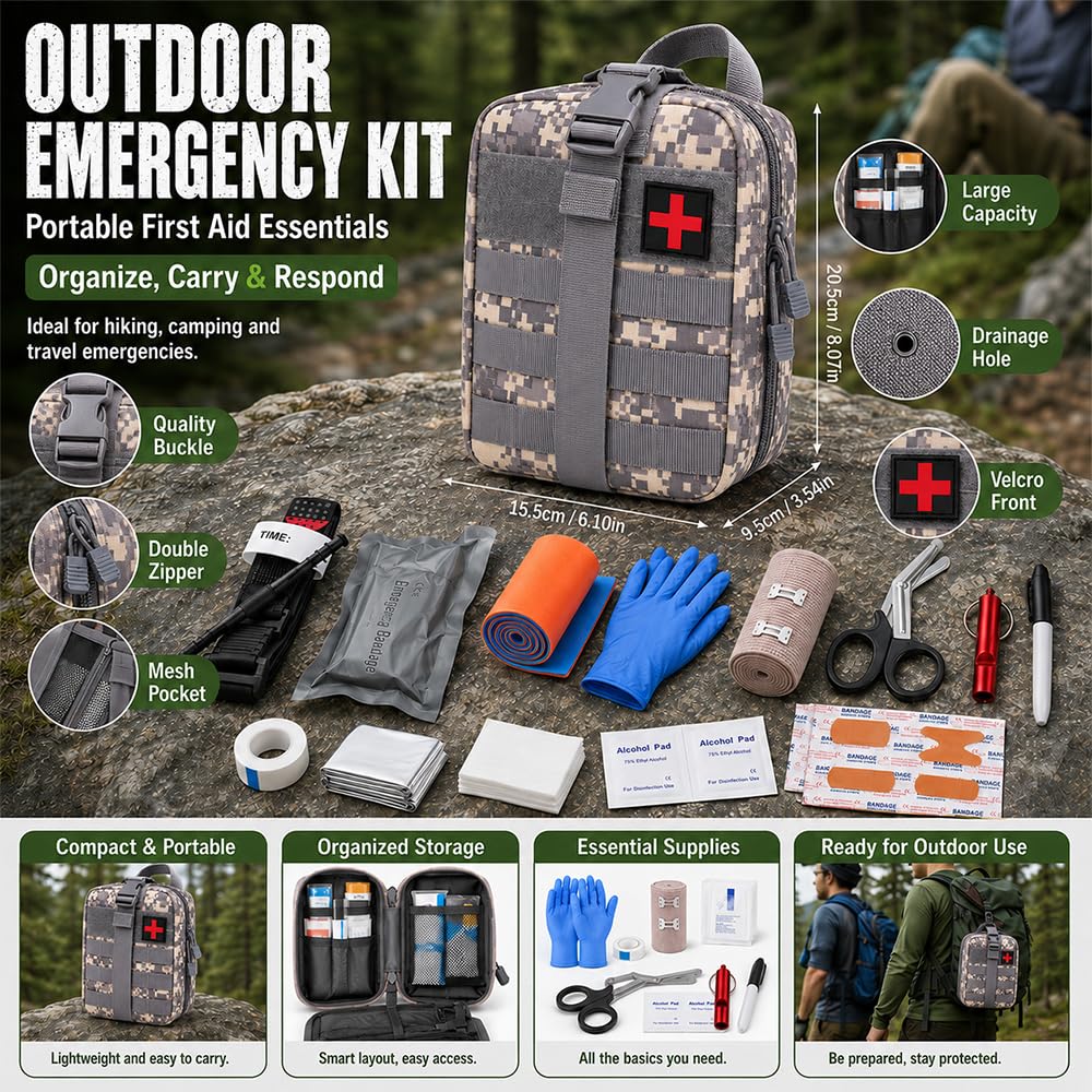 Juego de primeros auxilios militares para exteriores, 61 unidades, kit de primeros auxilios militares, relleno de Ifak, kit de emergencia, kit de supervivencia para acampar al aire libre, caza
