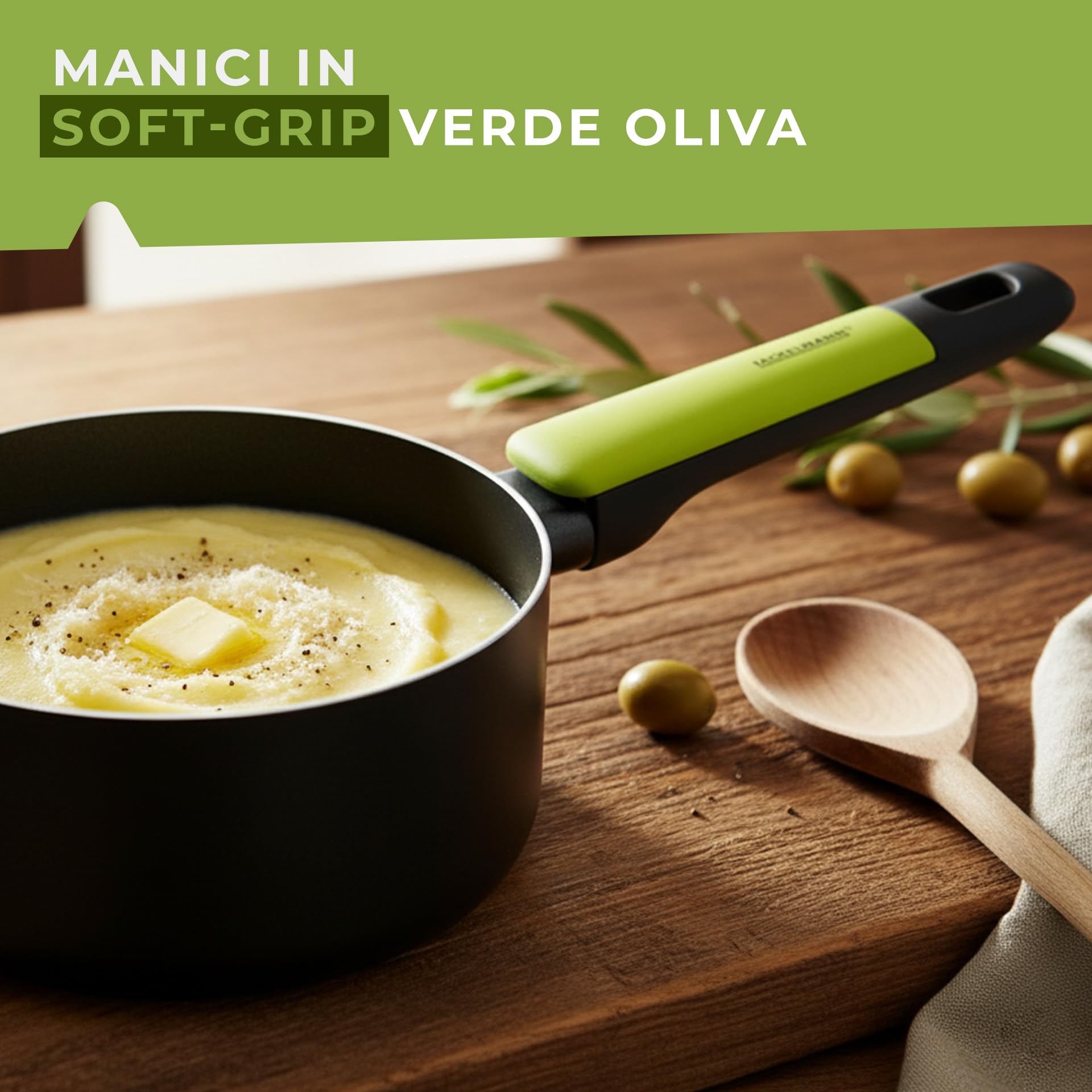 Fackelmann Set di Padelle Antiaderenti PFAS Free, Set Cucina con 3 Padelle Grandi e Medie e 1 Pentolino Casseruola per Salse, Fondo da 4 mm per Piani Cottura a Induzione e Gas, Linea Oliva