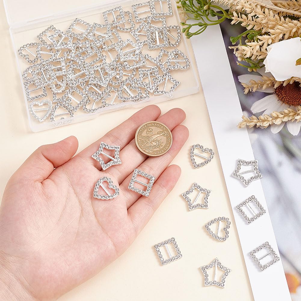 AHANDMAKER 60 fibbie per nastro con strass, 3 mini fibbie di cristallo, per fai da te, quadrate, a forma di cuore, stella, fibbia per cintura, cursori per abbigliamento, scarpe, inviti di nozze e