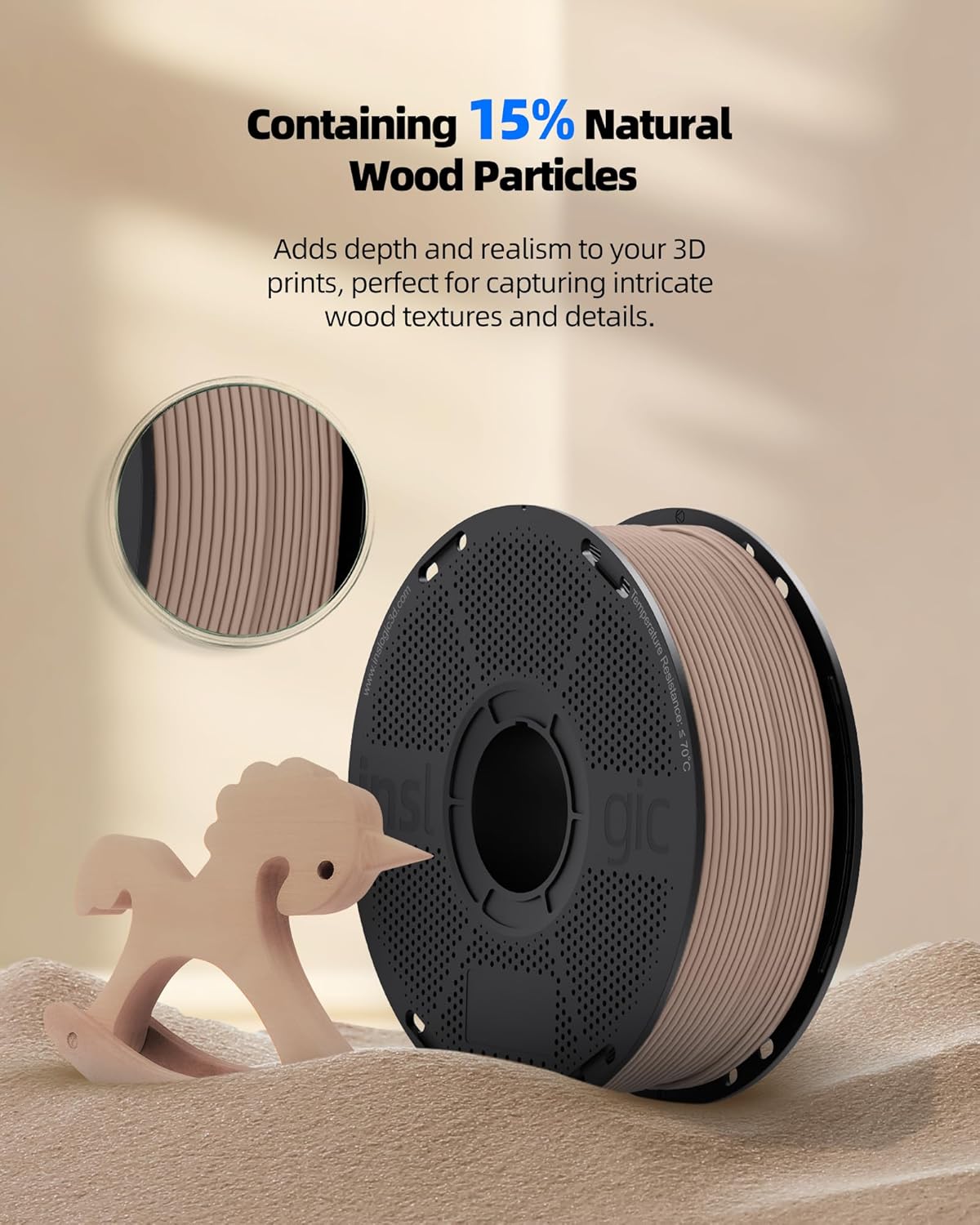 Inslogic WoodFill PLA Filament 1.75mm, 3D Printer Filament Matte Finish, Real Wood Texture, Fast Printing, Fit Most FDM 3D Printers, 1kg (2.2lbs), Natural Wood