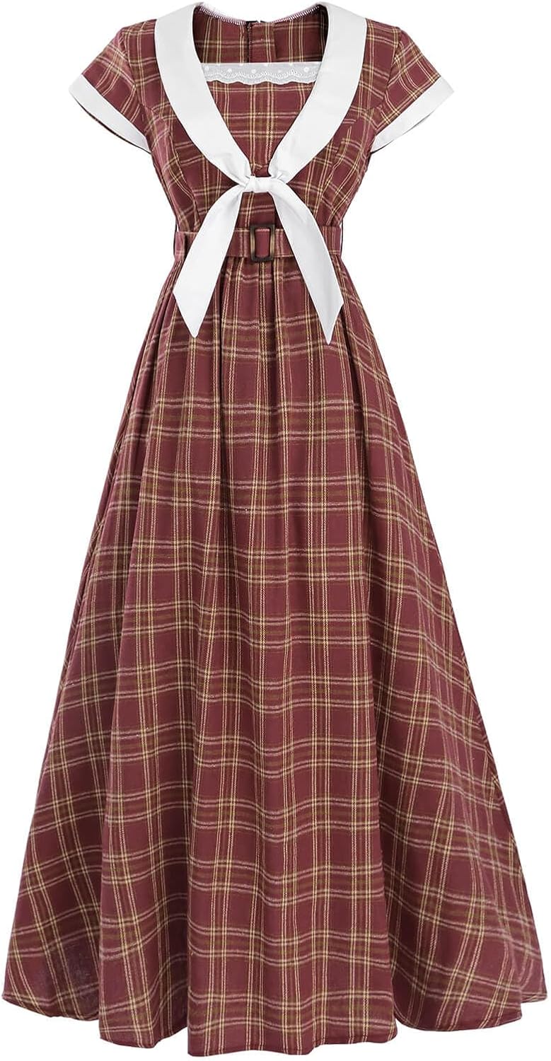 Nuoqi Women 1950s Dresses Vintage Christmas Plaid Dress Cap Sleeve 1950s Retro Outfit