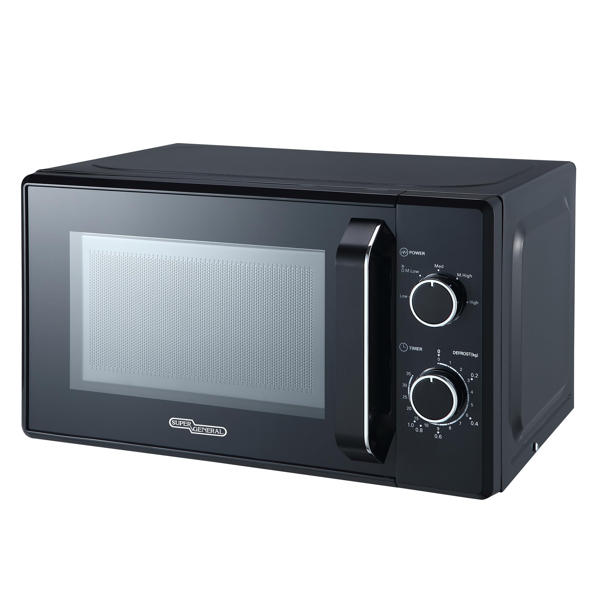 Super General 20 Liter Microwave Oven SGMM921NHB, 700W Power, 5 Power Levels, Easy Defrost, 35-Minute Timer, Cooking End Signal, Chrome Knobs, Easy-to-Clean Grey Interior, 43.9x35.8x25.8cm, Black