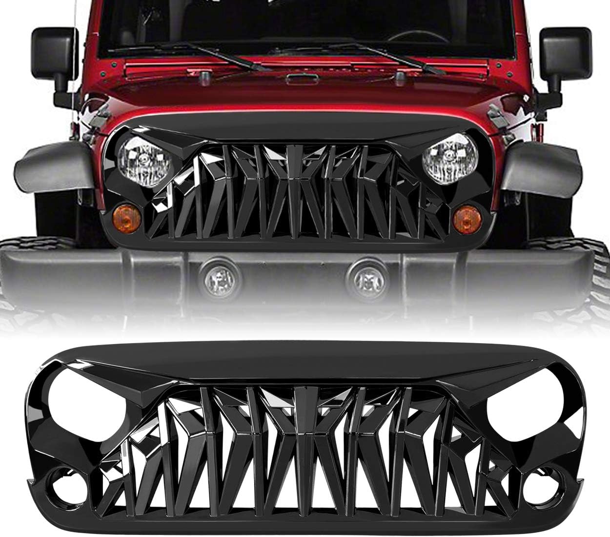 JK Glossy Black Shark Grille Front Grill Compatible with 2007-2018 Jeep Wrangler Rubicon Sahara Sport, ABS