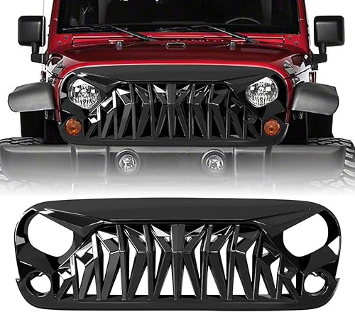 JK Parrilla frontal de tiburón negro brillante compatible con Jeep Wrangler Rubicon Sahara Sport 2007-2018, ABS